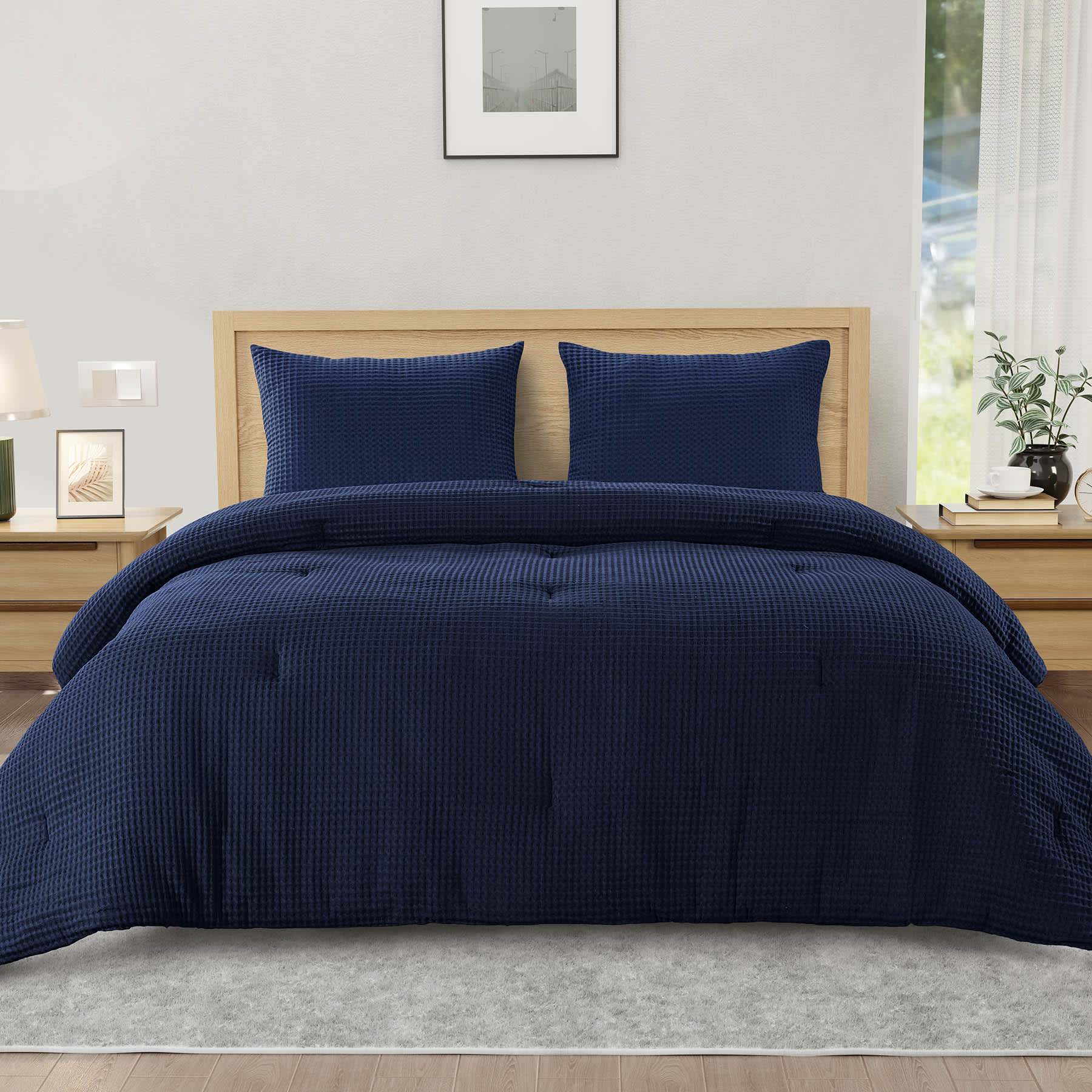 Crosby St. 3-Piece Navy Blue Washed Cotton Waffle Comforter Set, King