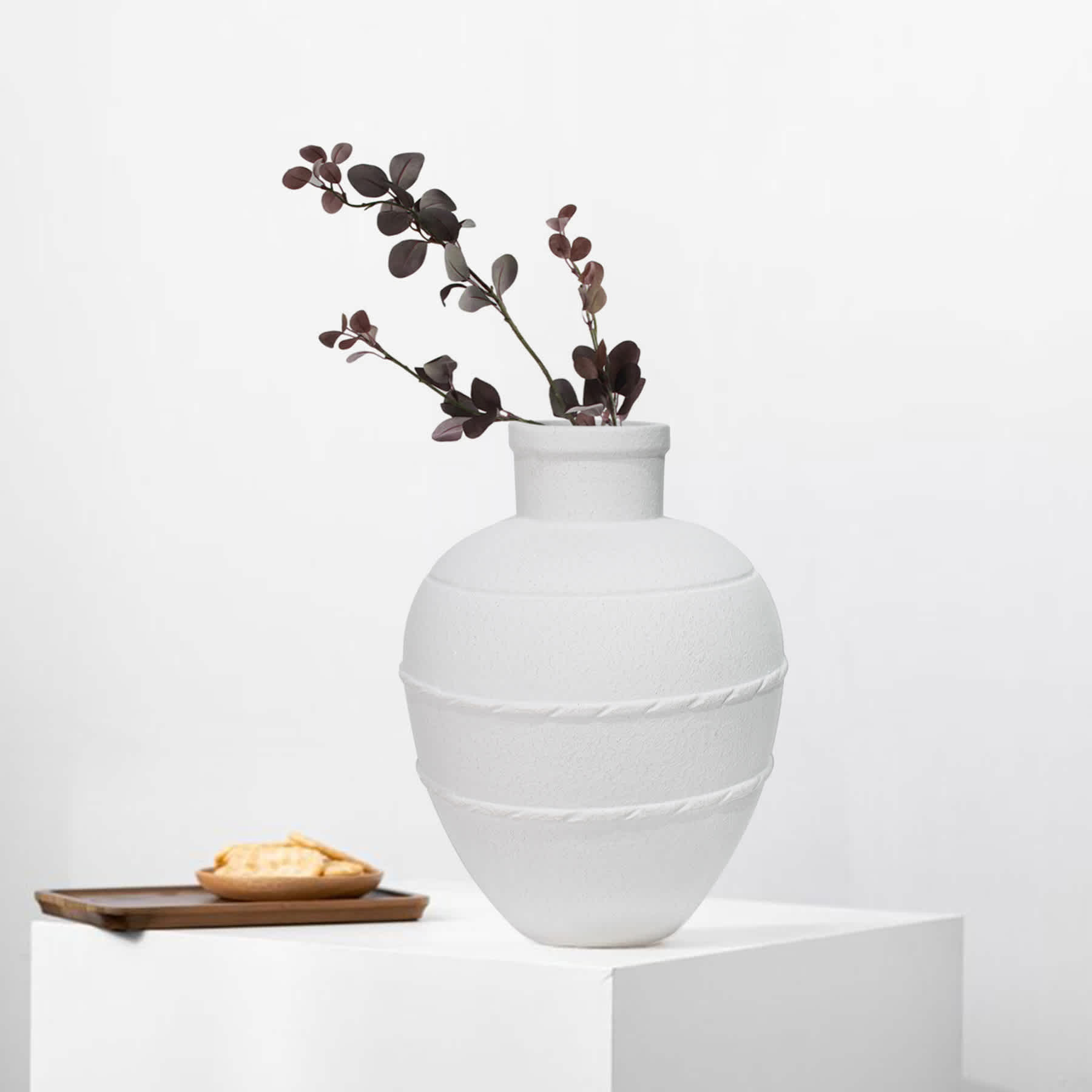 White Ribbed Ceramic Vase, 15"