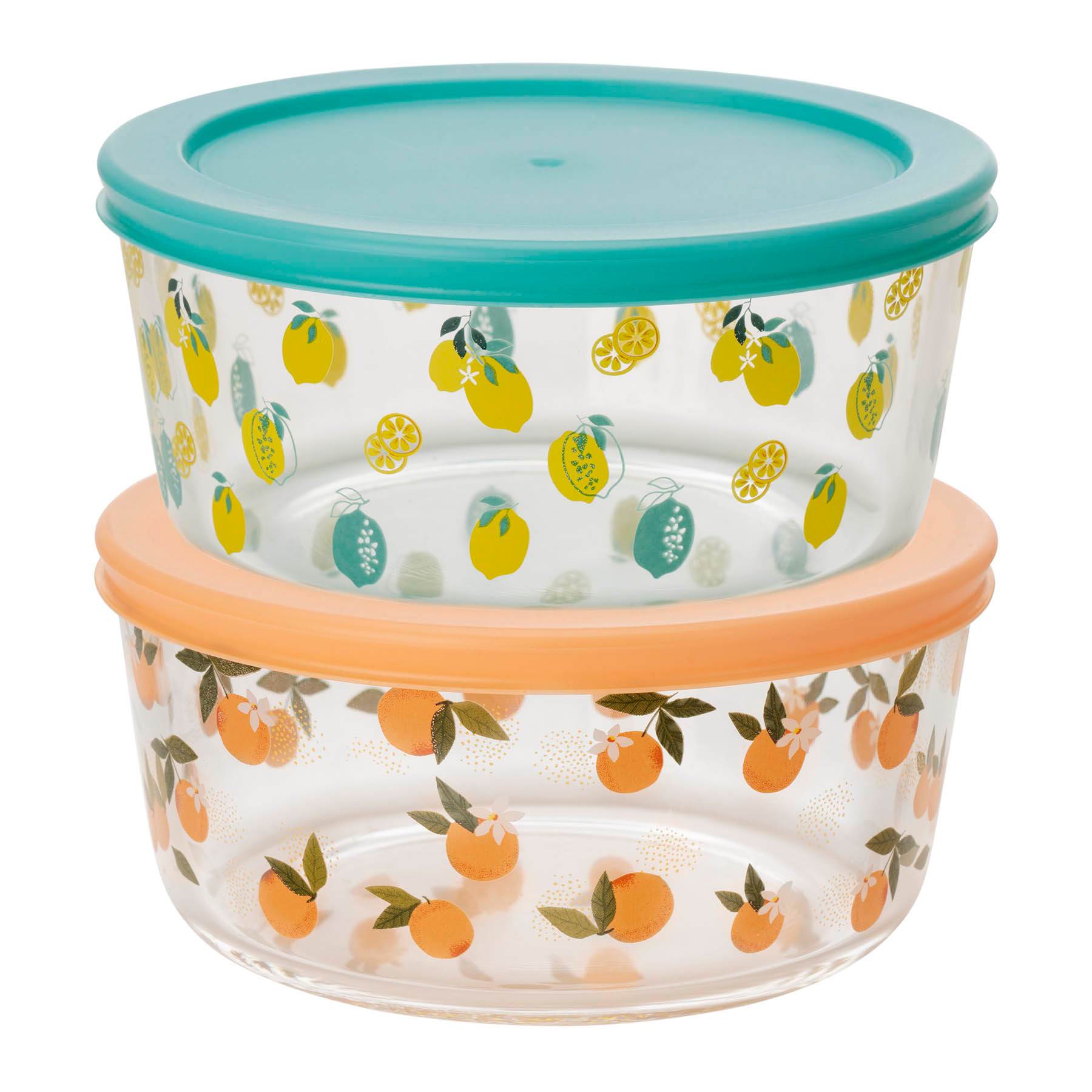 2Pc 4Cup Round Assorted Prints Glass Food Storage