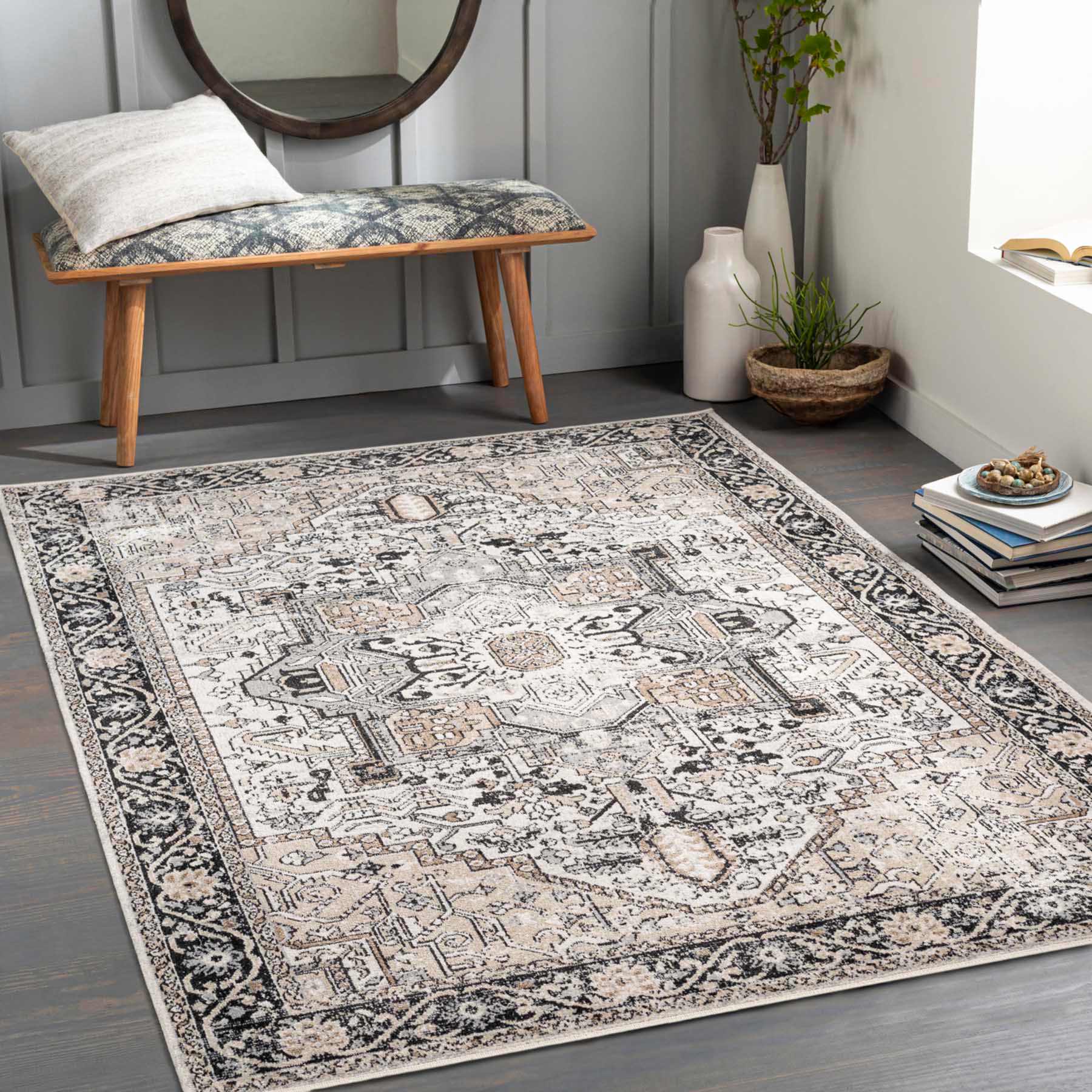 (D600) Lavadora Black & Taupe Medallion Washable Area Rug, 8x10