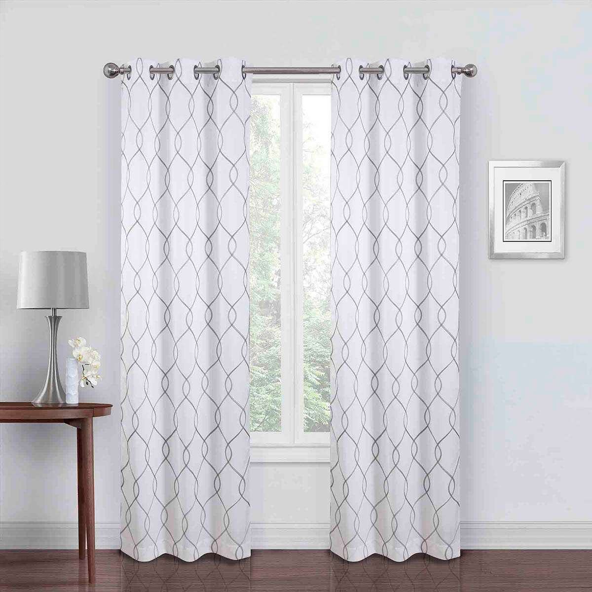 White & Grey Embroidered Blackout Grommet Curtain Panel, 95"