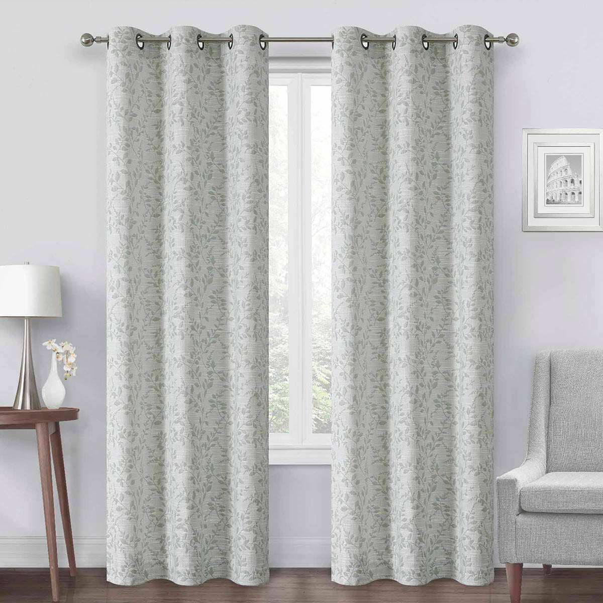 Green Leaf Jacquard Light Filtering Grommet Curtain Panel, 84"