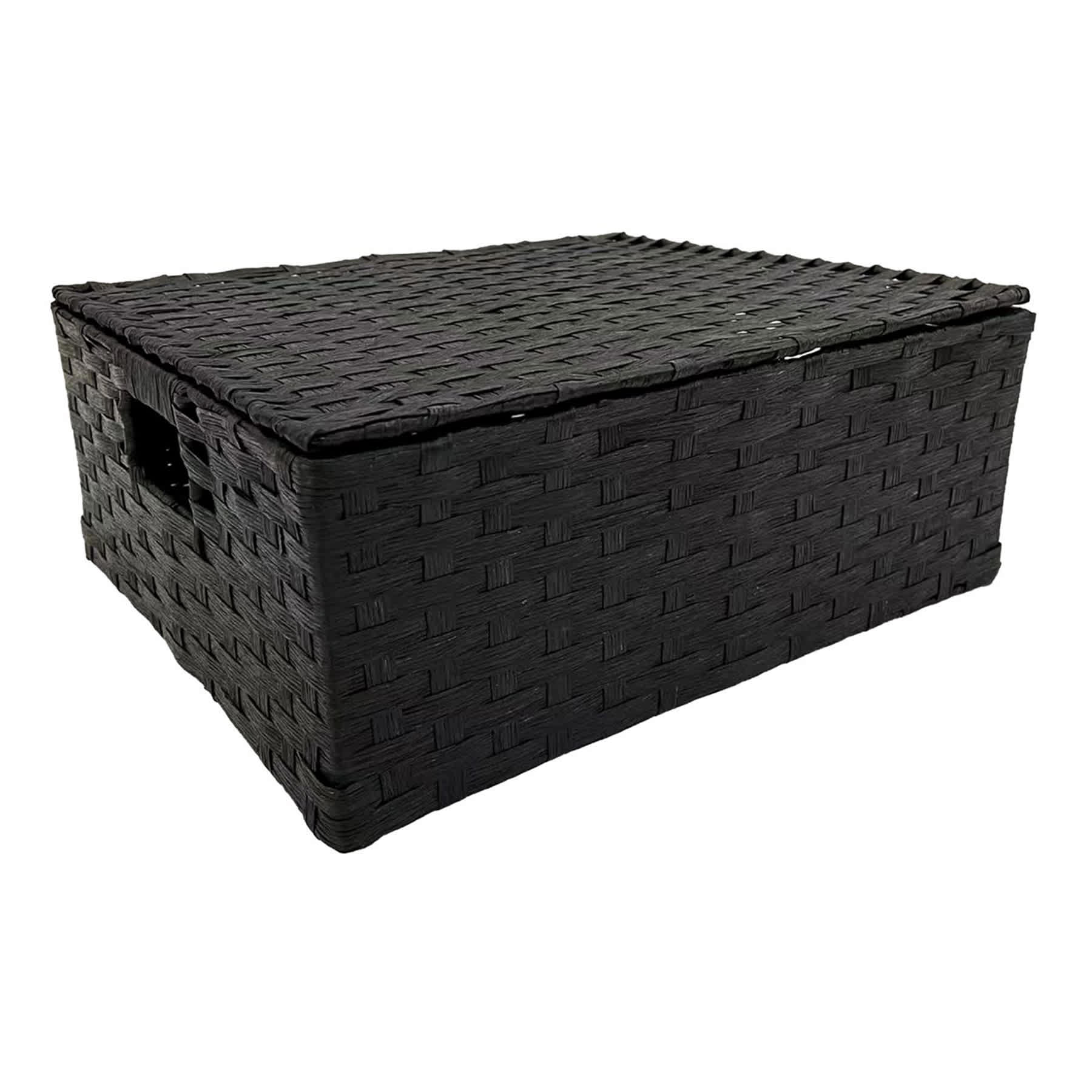 Black Paper Rope Rectangle Storage Basket with Lid, Medium