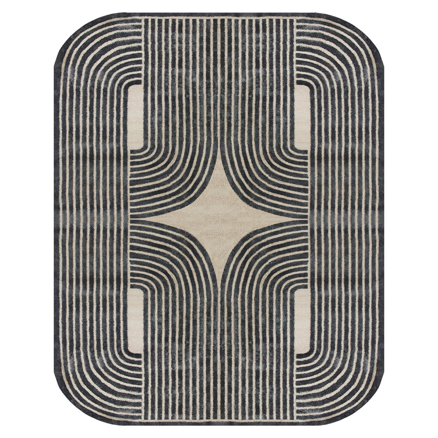 (B894) Black & Beige Oval Geometric Area Rug, 8x10