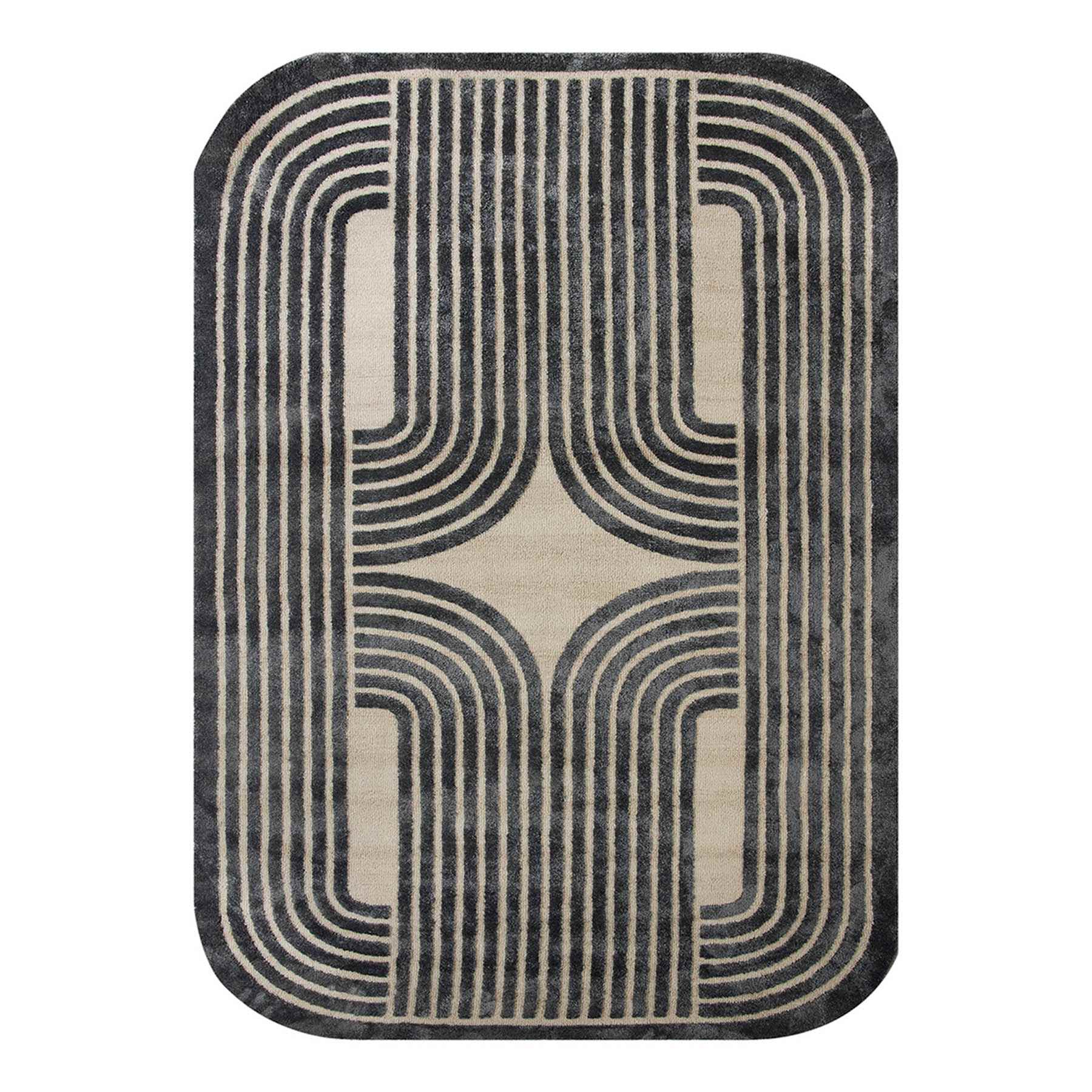 (B894) Black & Beige Oval Geometric Area Rug, 5x7
