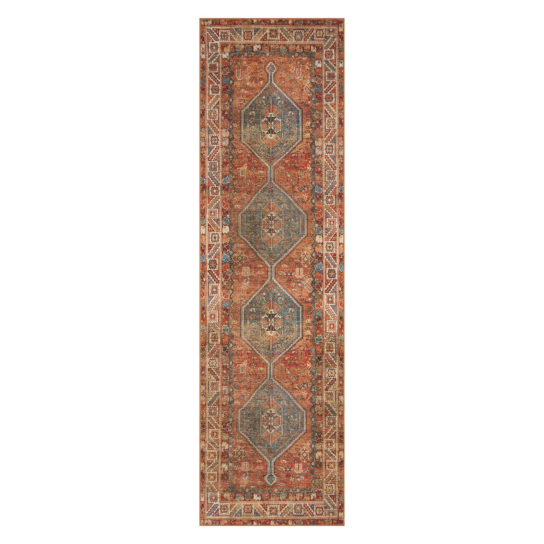 (D570) Freya Red Multicolor Medallion Washable Runner, 2x7
