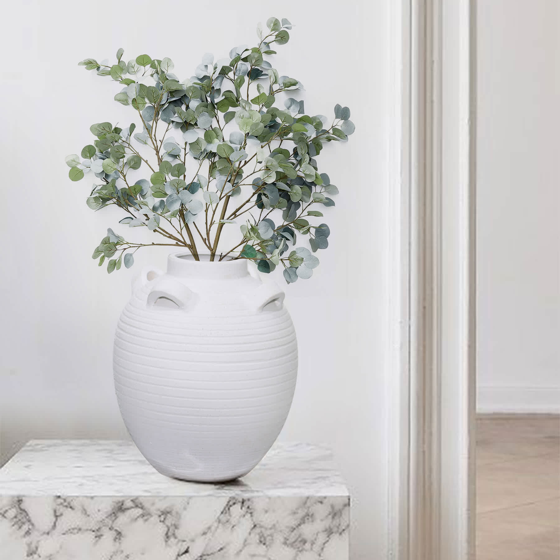 White Ceramic Vase with Handles, 11.8"
