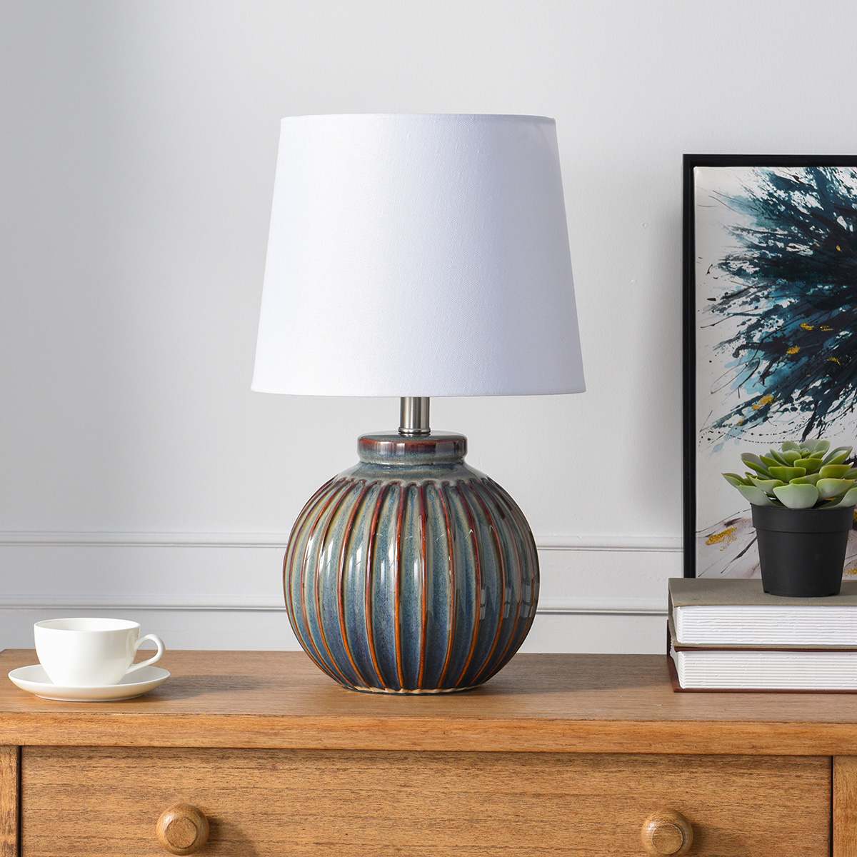 Honeybloom Navy Ceramic Ribbed Small Lamp, 14"