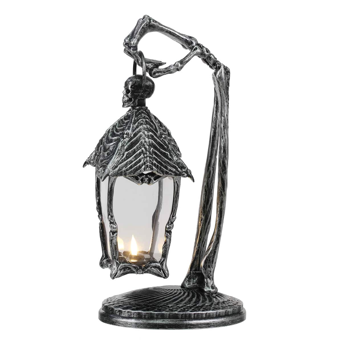 Midnight Shadows Black with Silver Finish Halloween Skeleton Lantern, 16.5"