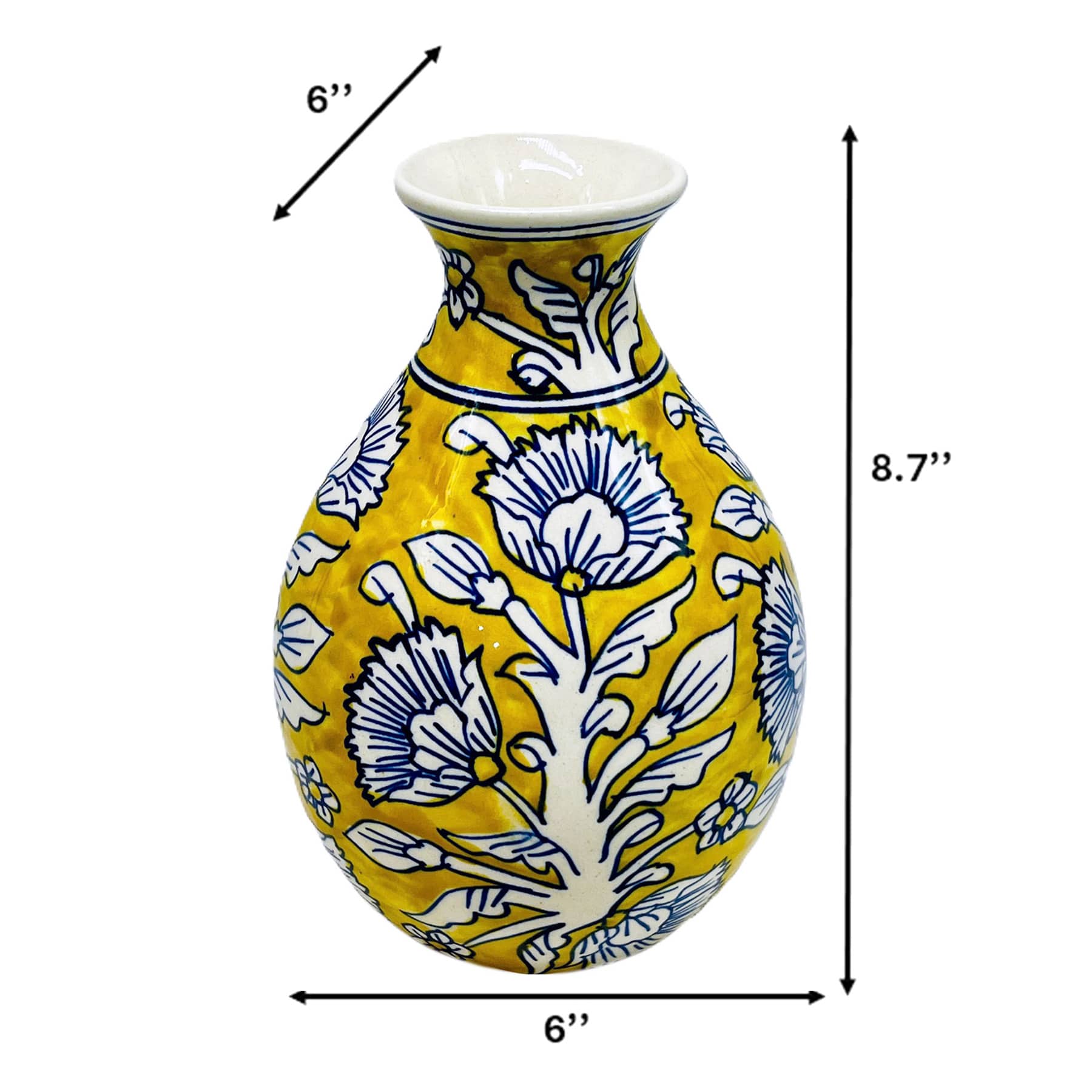 Yellow & Blue Handpainted Floral Ceramic Vase, 8.7"