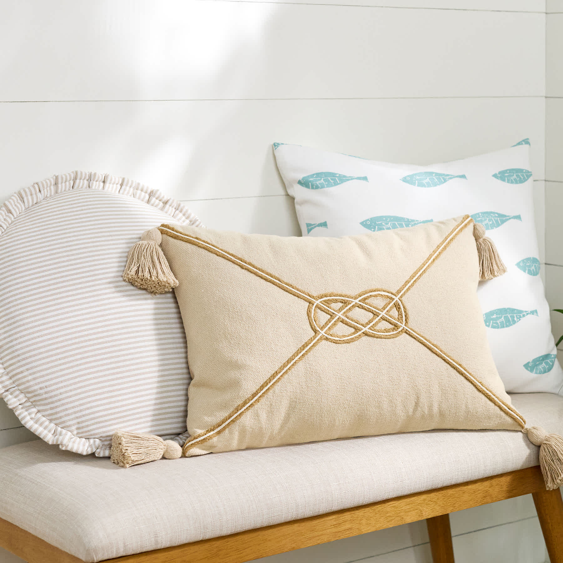 Honeybloom Neutral Sailors Knot Throw Pillow, 14x20
