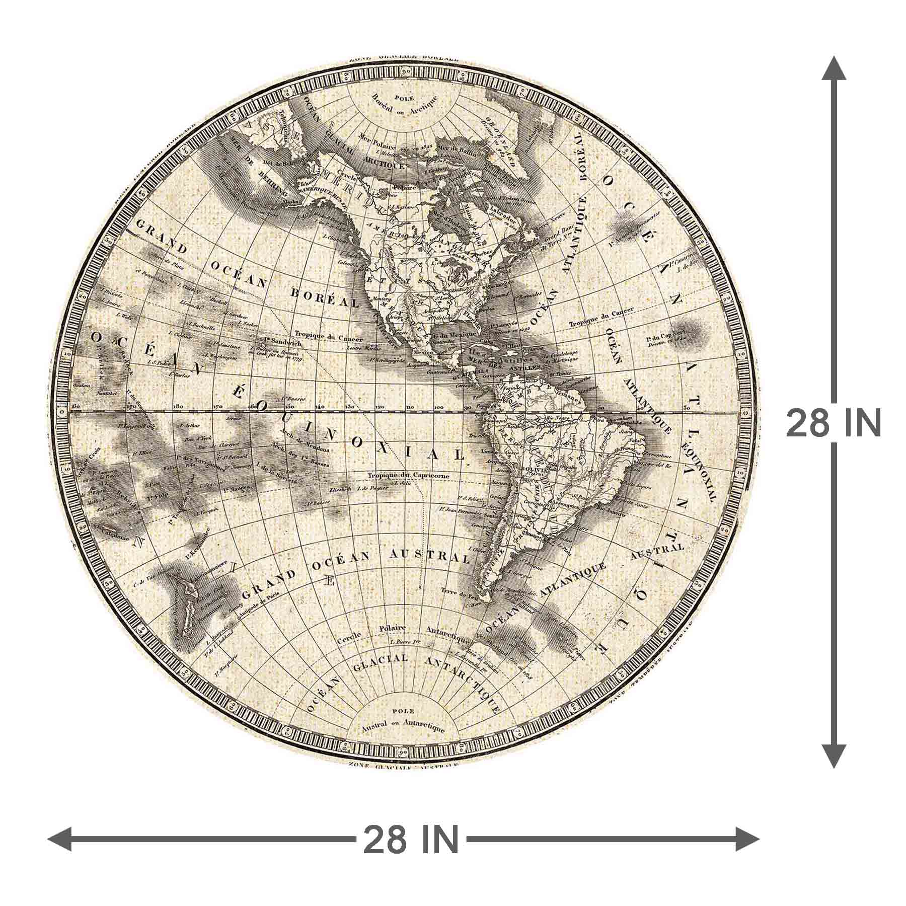 French World Map III Round Canvas Wall Art, 28"