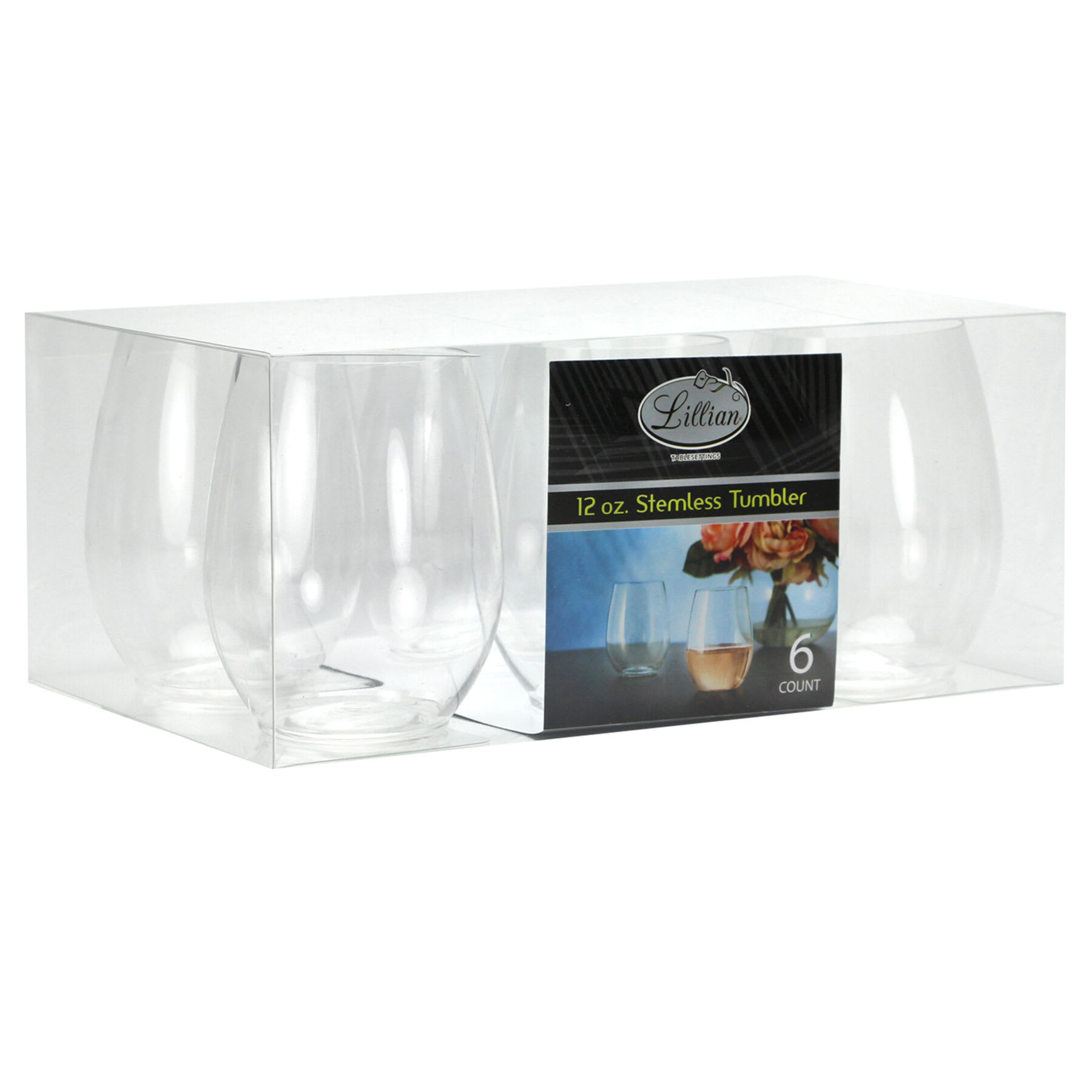 Lillian Table Settings Set of 6 Clear Plastic Stemless Wine Cups, 12oz