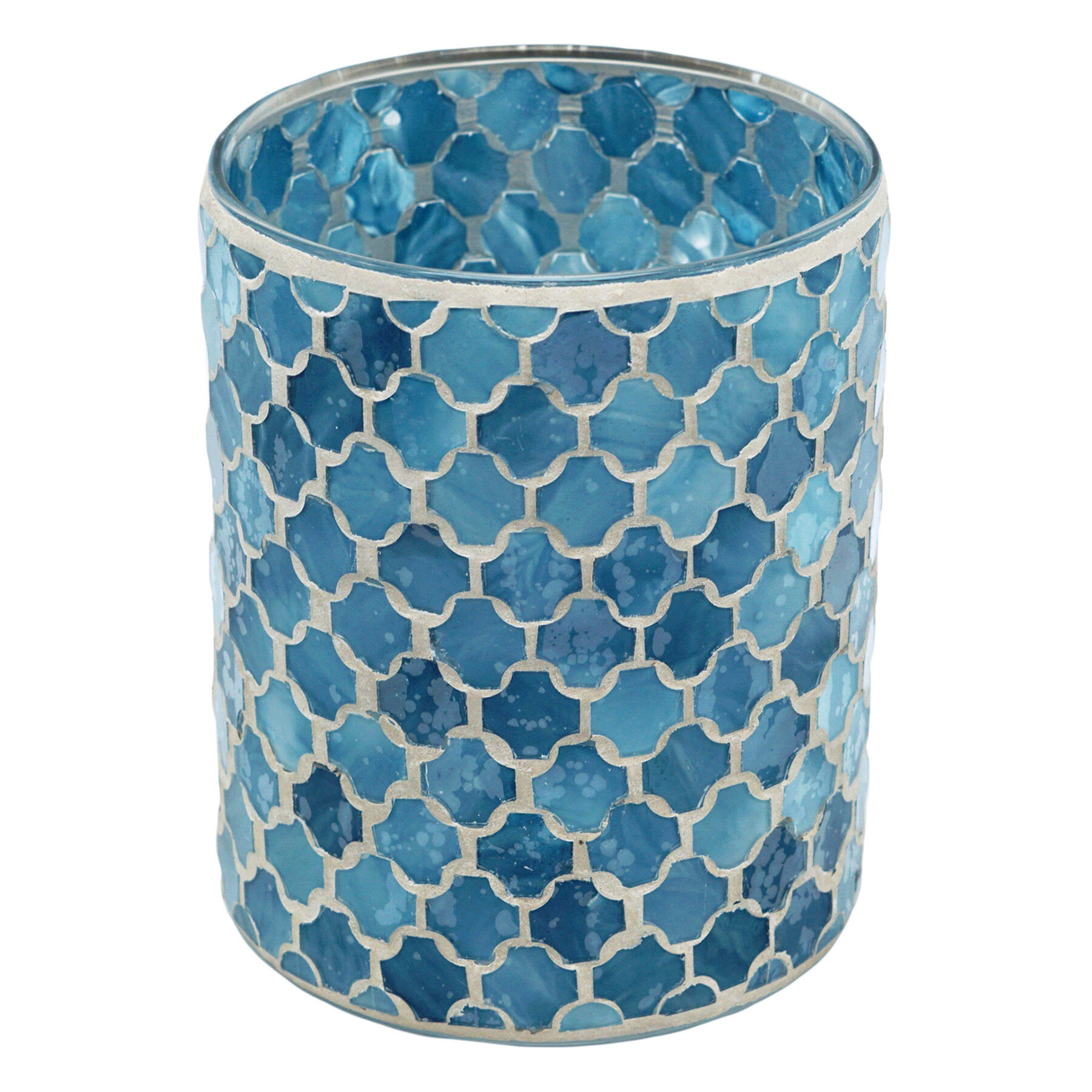 Blue Mosaic Glass Cylinder Candle Holder, 6"