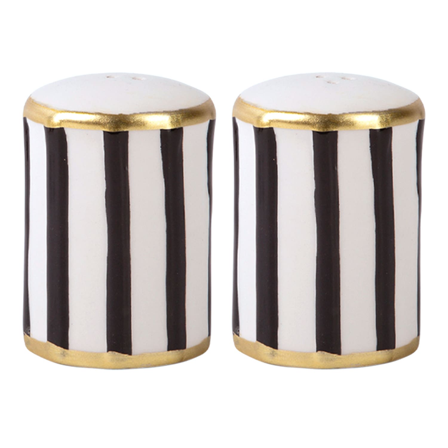 S/2 Black/White Stripe with Gold Rim Salt and Pepper Shakers
