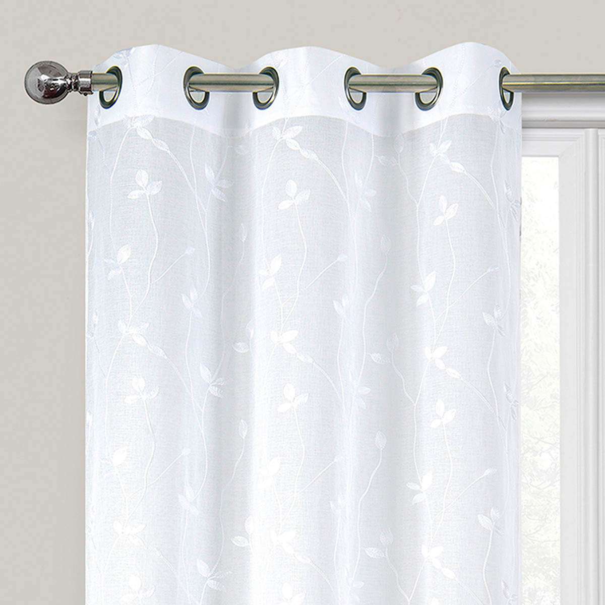 2-Pack White Embroidered Leaf Sheer Grommet Curtain Panels, 84"
