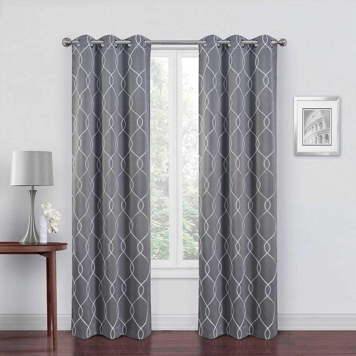 2-Pack Grey Embroidered Blackout Grommet Curtain Panels, 84"