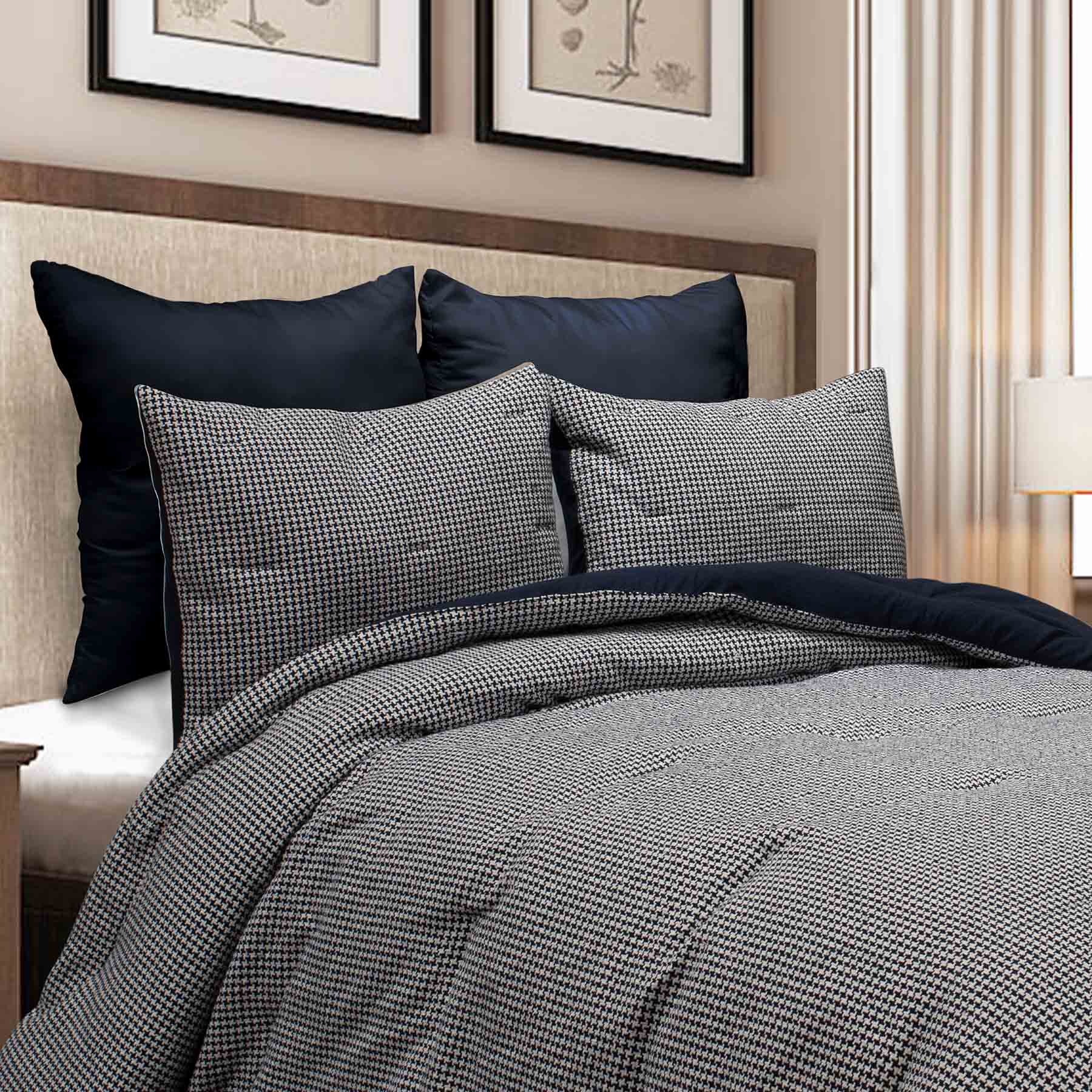 Crosby St. 3-Piece Navy Houndstooth Cotton Comforter Set, Full/Queen