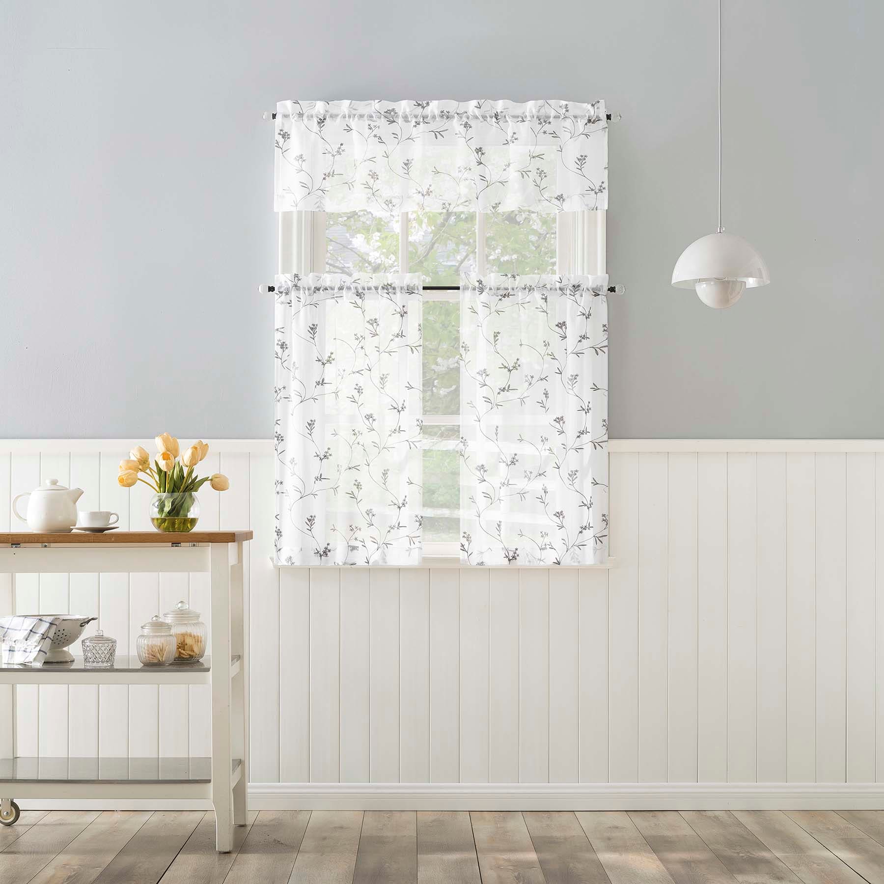 Bethel White & Grey Small Tiered Curtain Panel, 54"