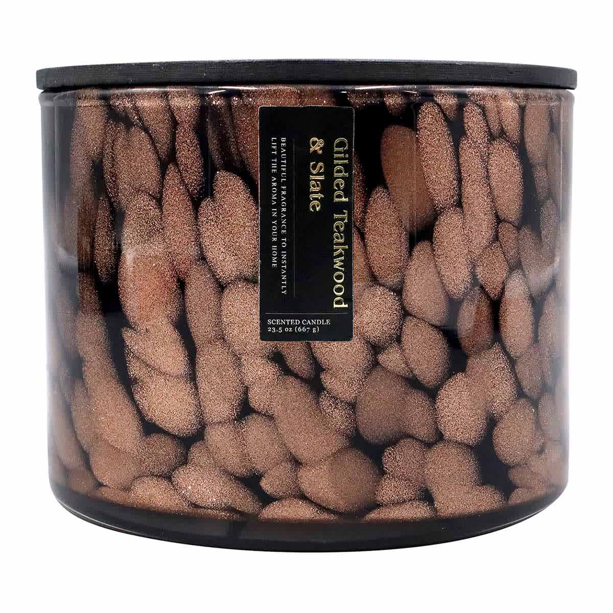 Gilded Teakwood Slate Scented Confetti Glass Jar Candle, 23.5oz
