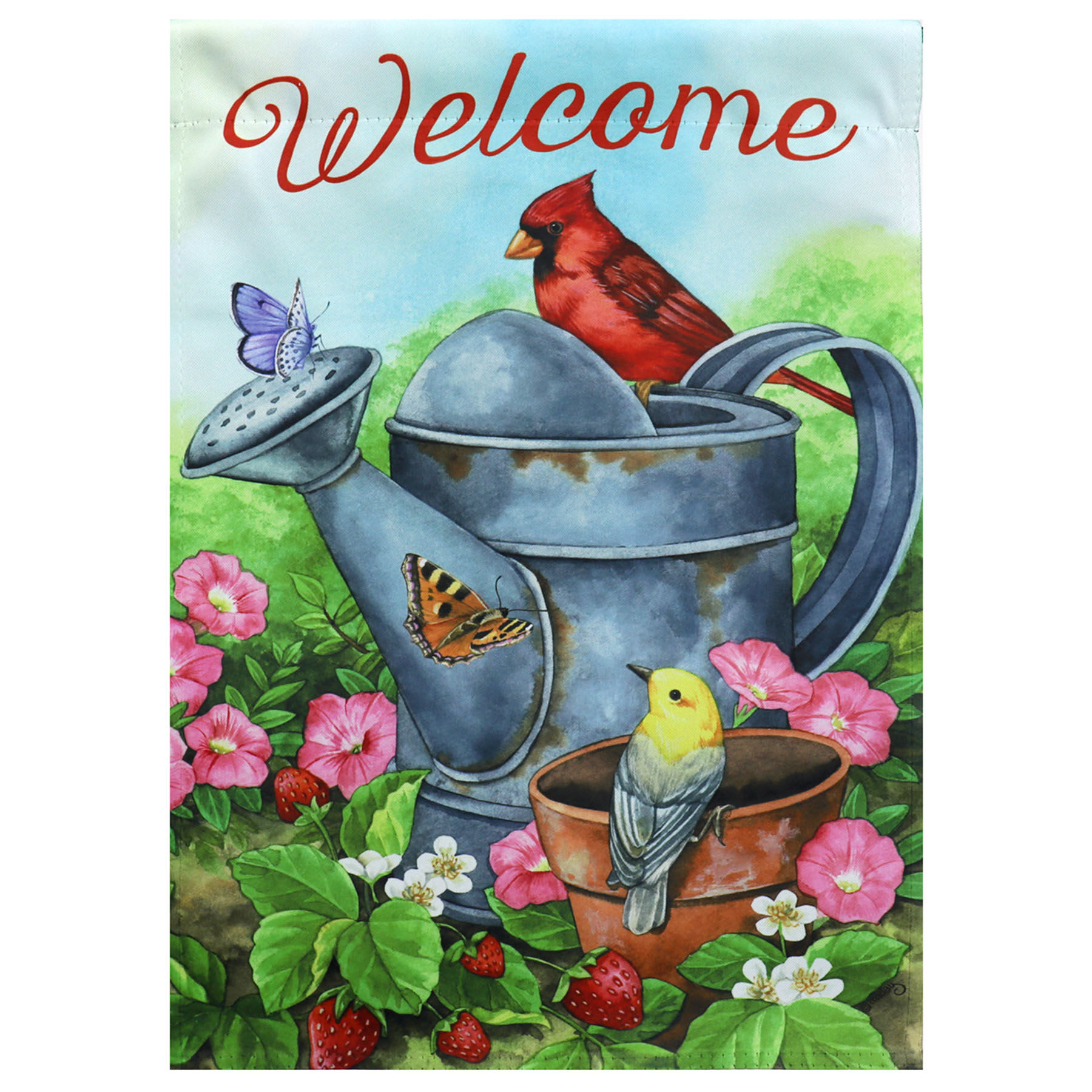 Welcome Birds & Butterflies Watering Can Garden Flag, 18"
