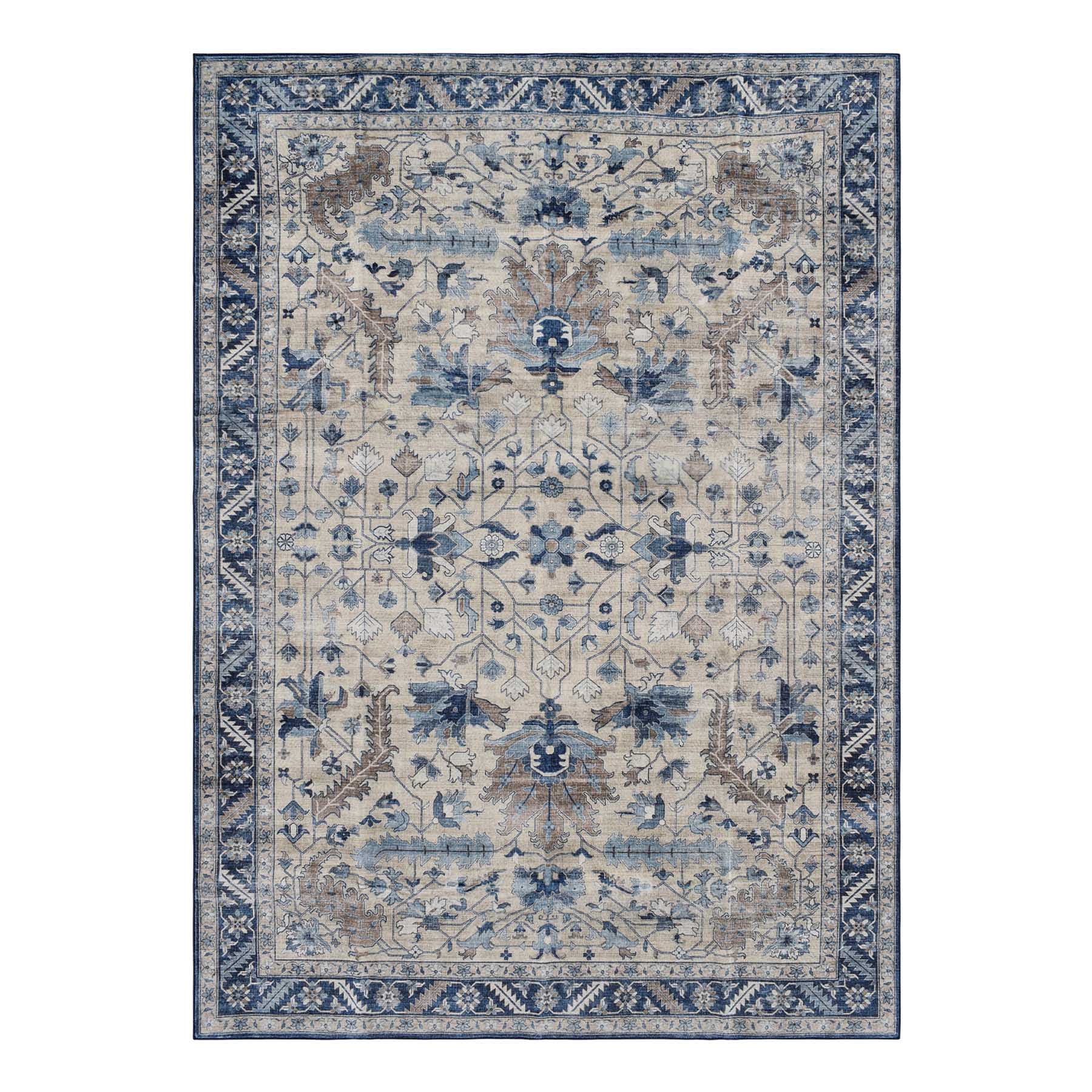 (B876) Dove Ivory & Blue Medallion Washable Area Rug, 5x7
