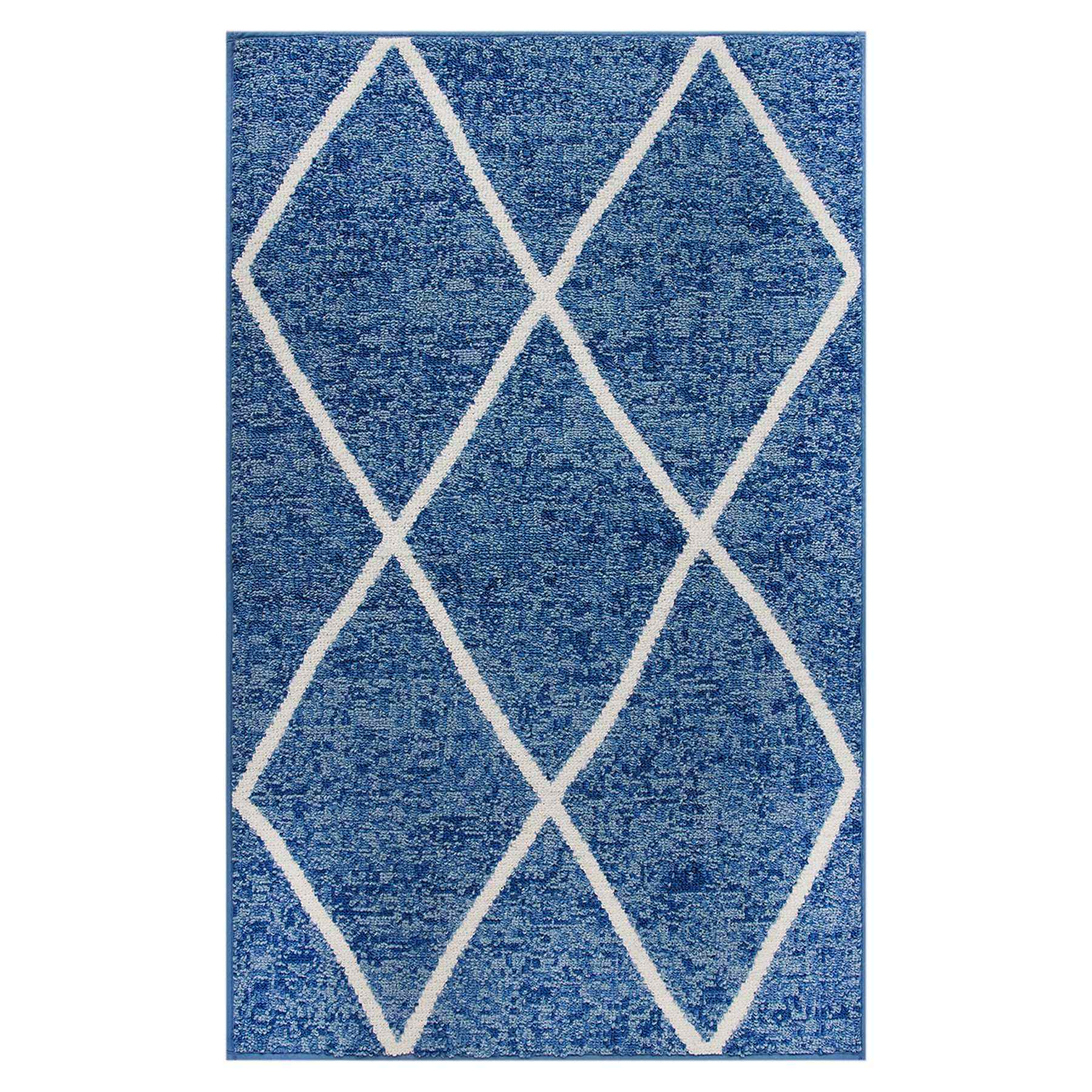 Blue & White Knitted Diamond Gel Back Washable Accent Rug, 30x46
