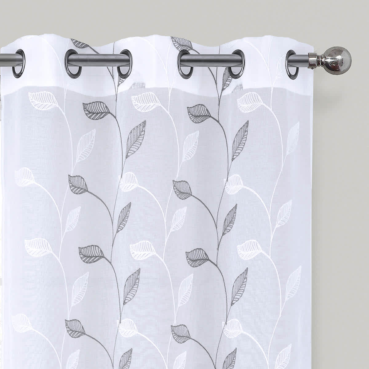 White & Grey Embroidered Sheer Grommet Curtain Panel, 84"