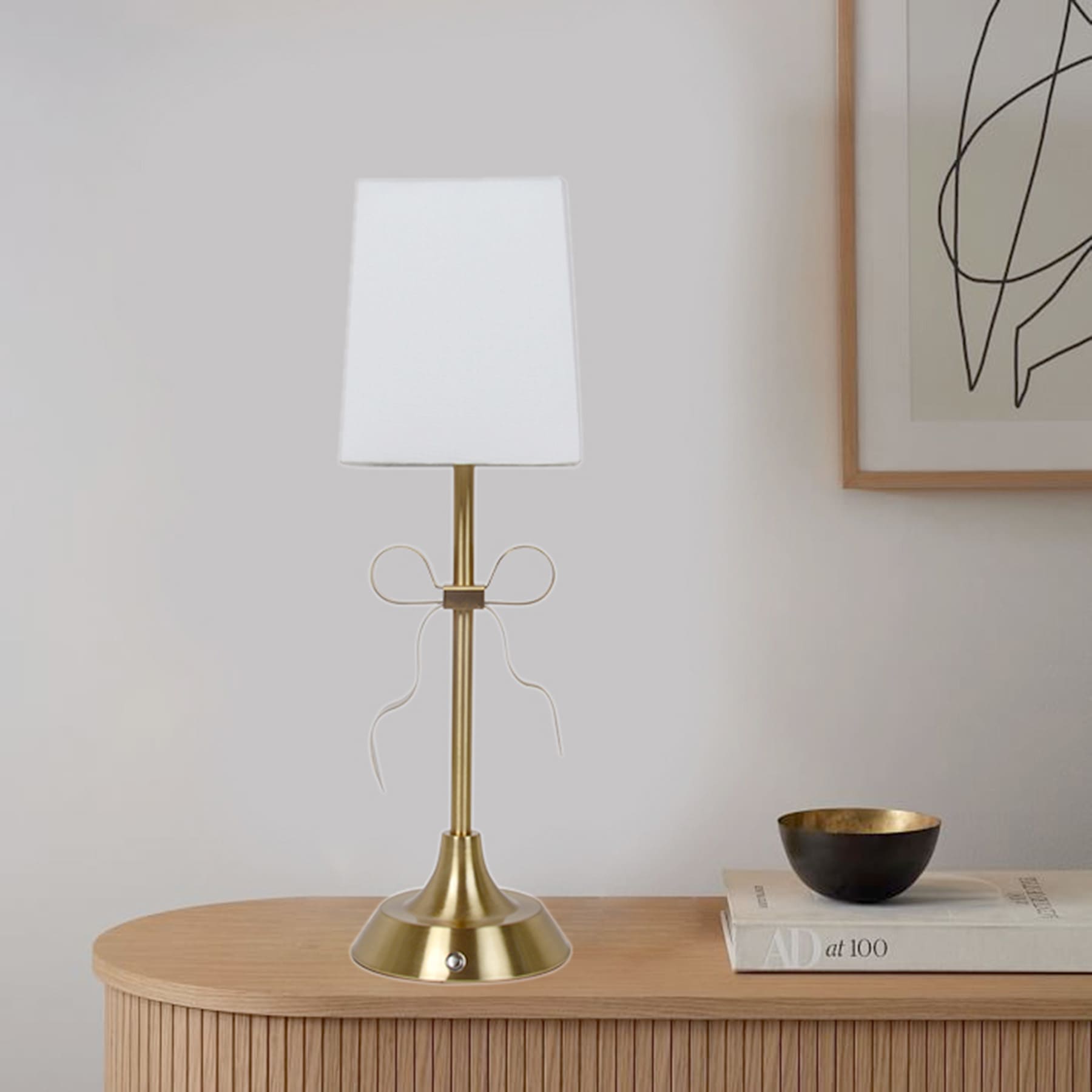 Gold Portable Rechargeable Bow Small Lamp with Shade, 15"