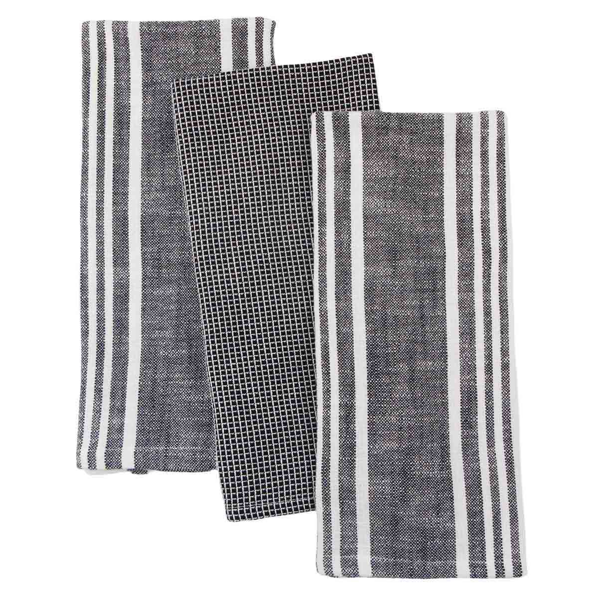 Set of 3 Black Porter Slub Waffle Cotton Kitchen Towels