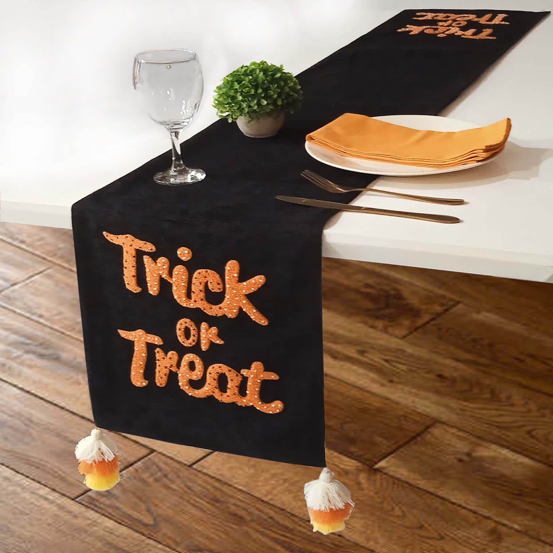 Trick or Treat Table Runner with Candy Corn Tassels