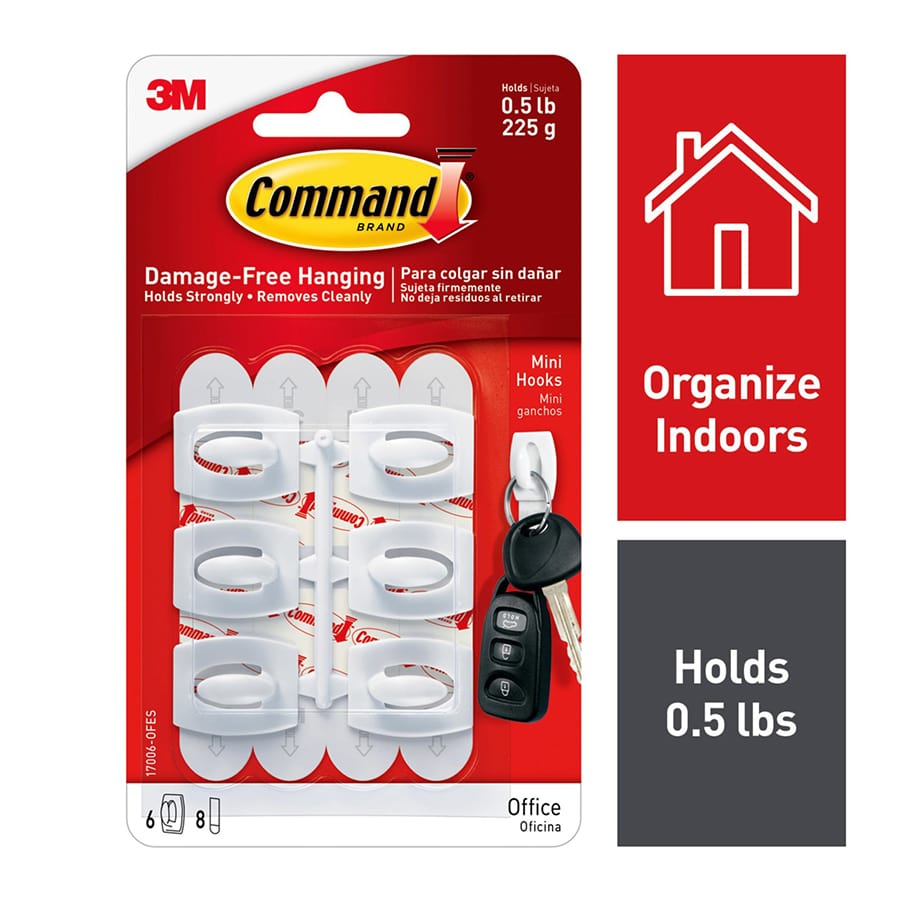 Command? Mini White Hooks with White Strips 6-Hooks, 8-Small Strips