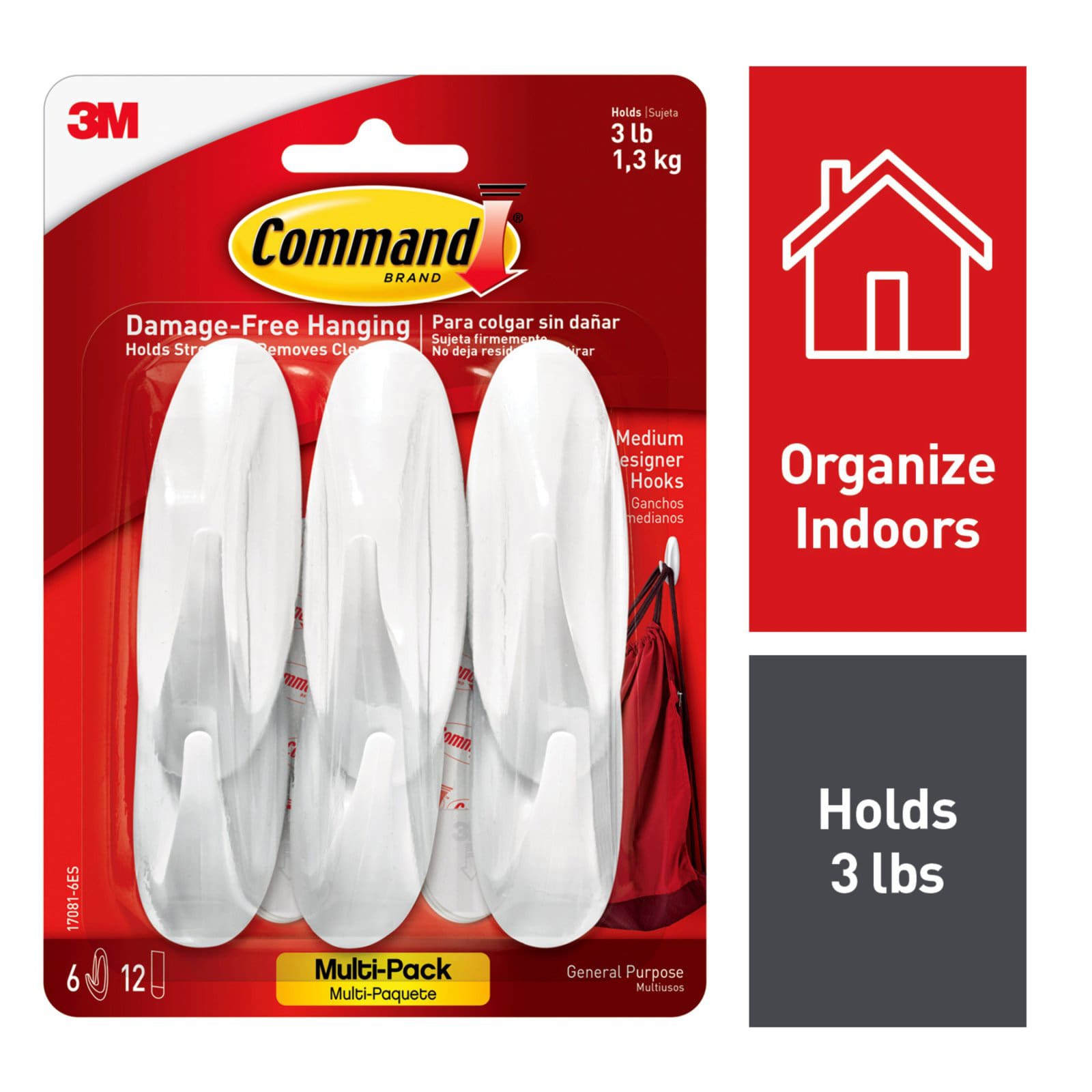 Command? Medium Designer Hooks Multi-Pack, 6-Hooks, 12-Strips/Pack, White