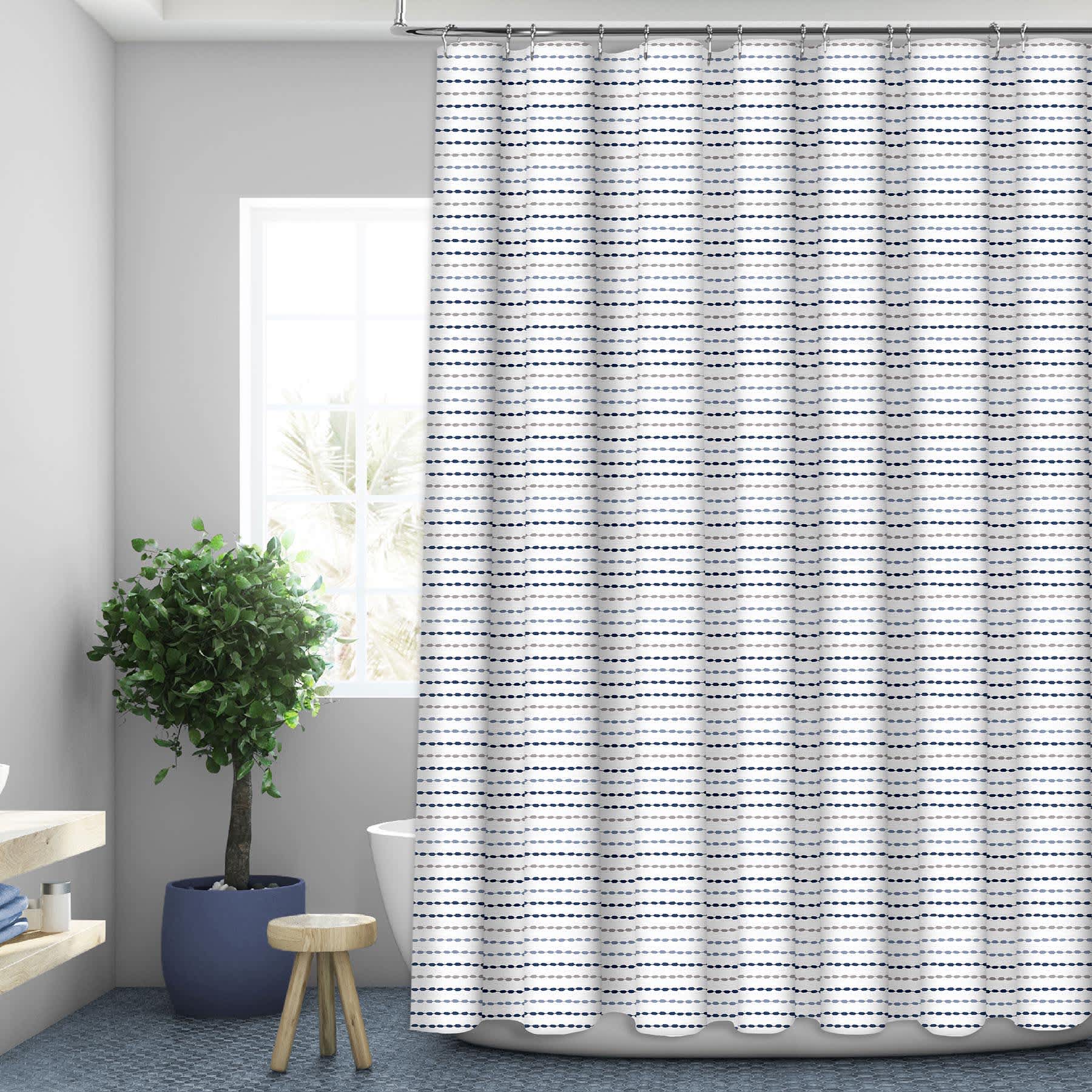 13-Piece Blue Stitched Print Shower Curtain Set, 70x72