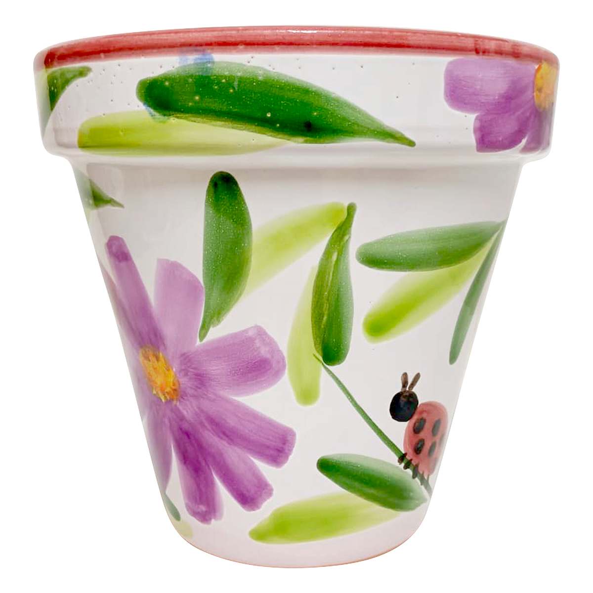 Hand Painted Spanish Lilac Flower with Ladybug Outdoor Planter, Medium