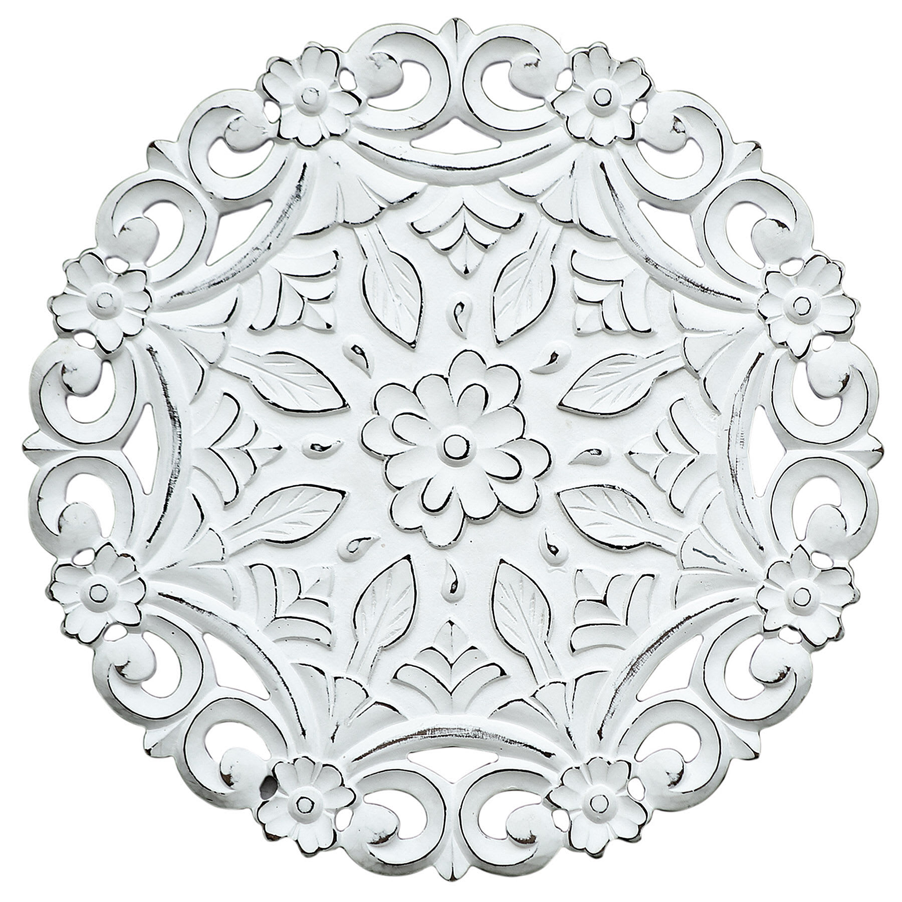 Hand Carved White Wooden Ornate Panel Wall Decor, 16"