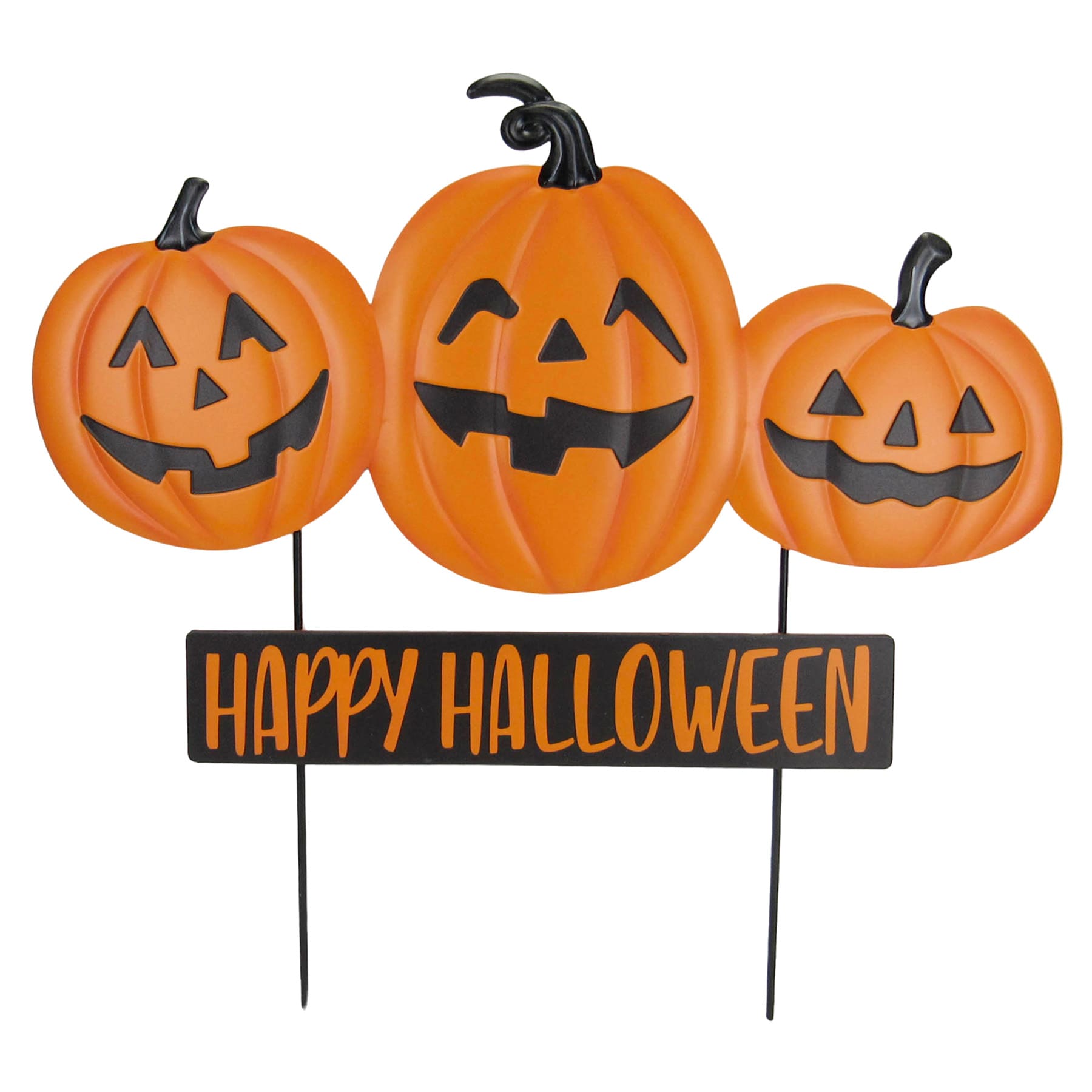 Happy Haunting Three Jack-o'-Lanterns with Happy Halloween Metal Yard Stake, 24"