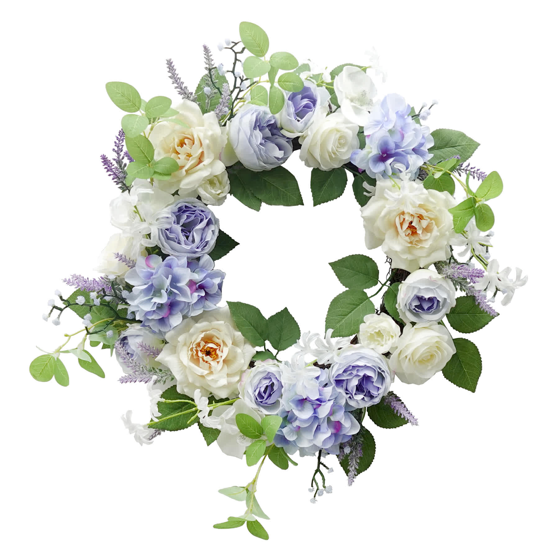 Blue & White Rose & Hydrangea Wreath, 23"