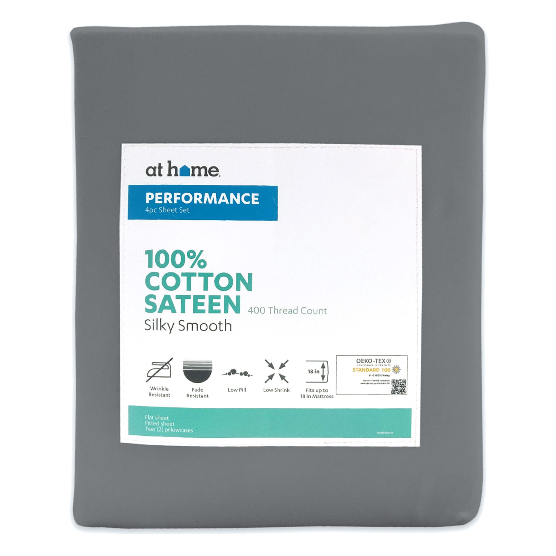 4-Piece Grey 400 Thread Count Cotton Performance Sheet Set, Queen