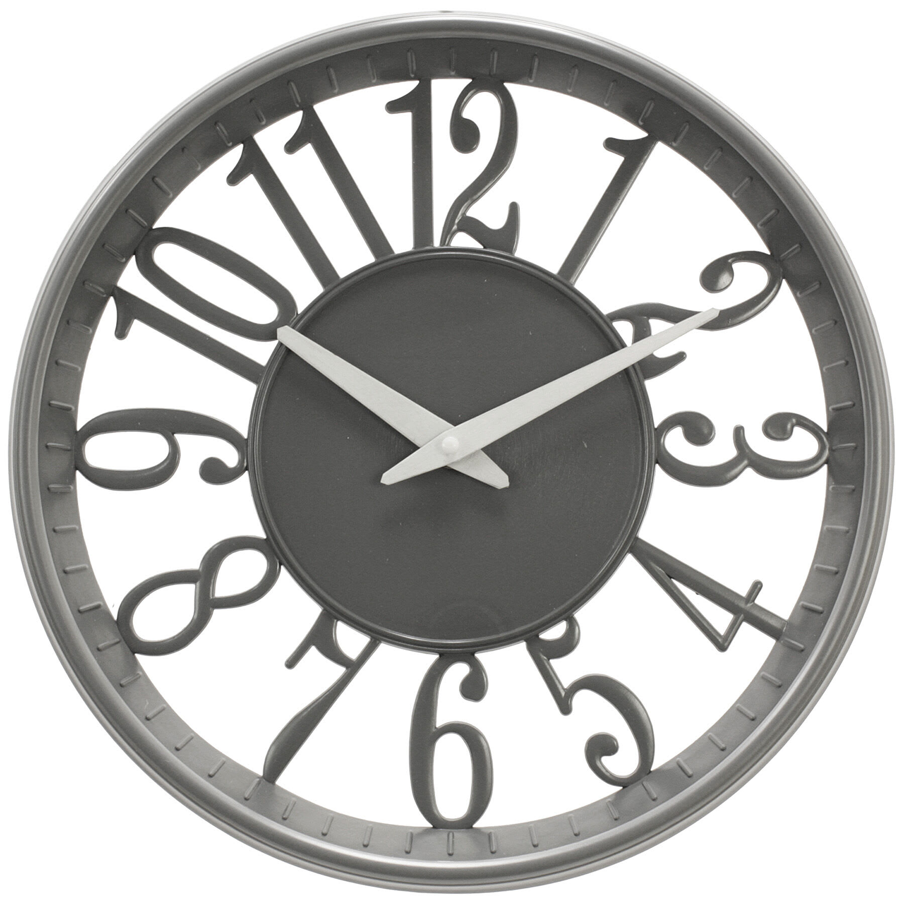 Grey Round Wall Clock with Cutout Numbers, 12"