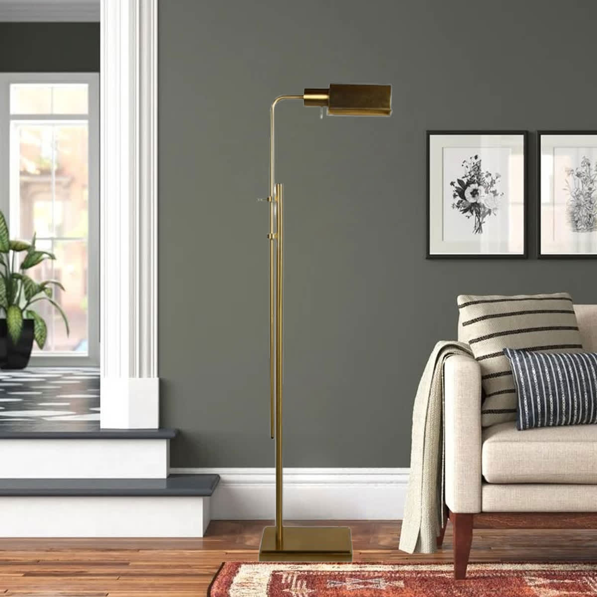Antiq Brass Metal Adjust Task Floor Lamp with Metal Shade, 60"