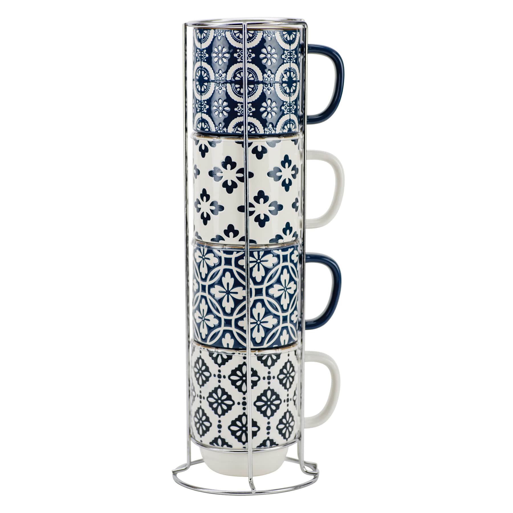 Stacked True Blue & White Patterned Mugs, 14oz