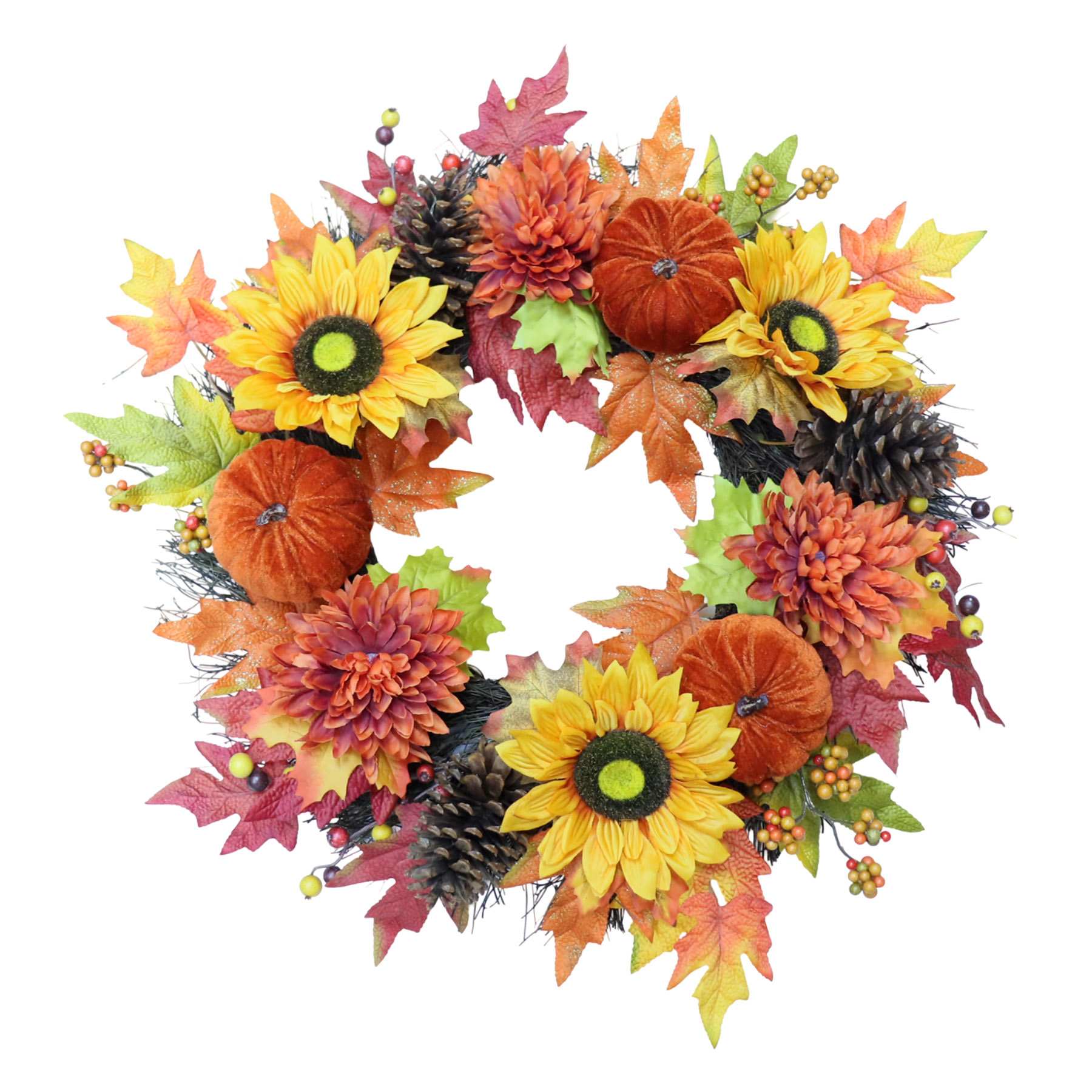 Yellow & Orange Sunflower & Brown Velvet Pumpkin Spiral Wreath, 22"