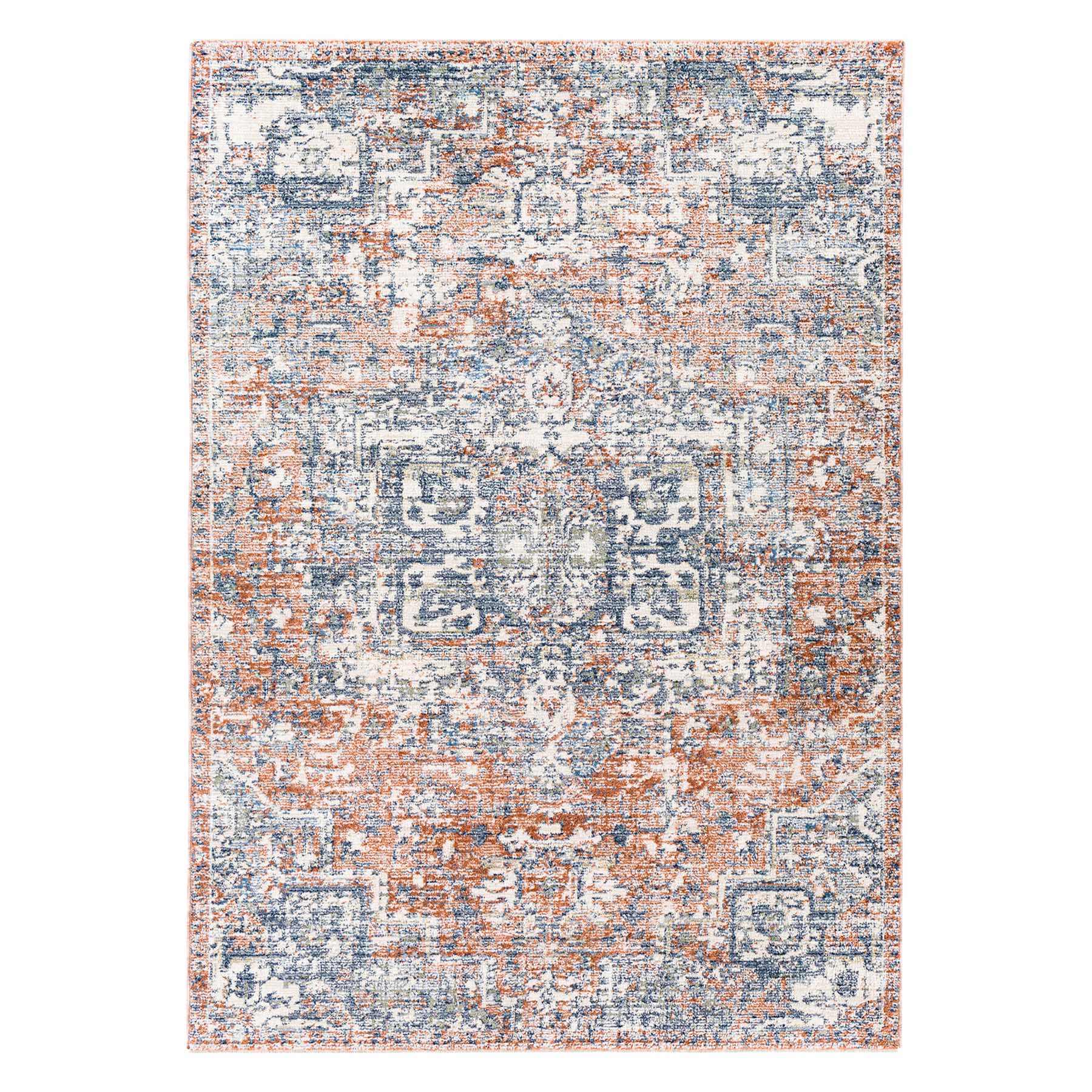 (B811) Amore Rust & Blue Medallion Area Rug, 5x7