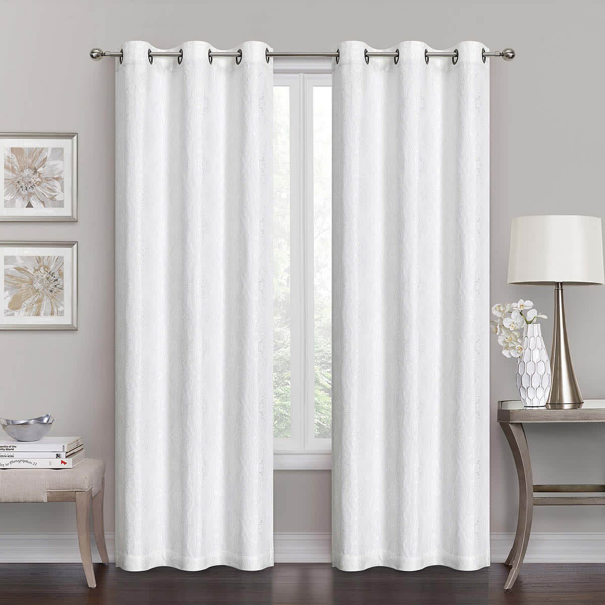 Maci White Jacquard Blackout Grommet Curtain Panel, 84"
