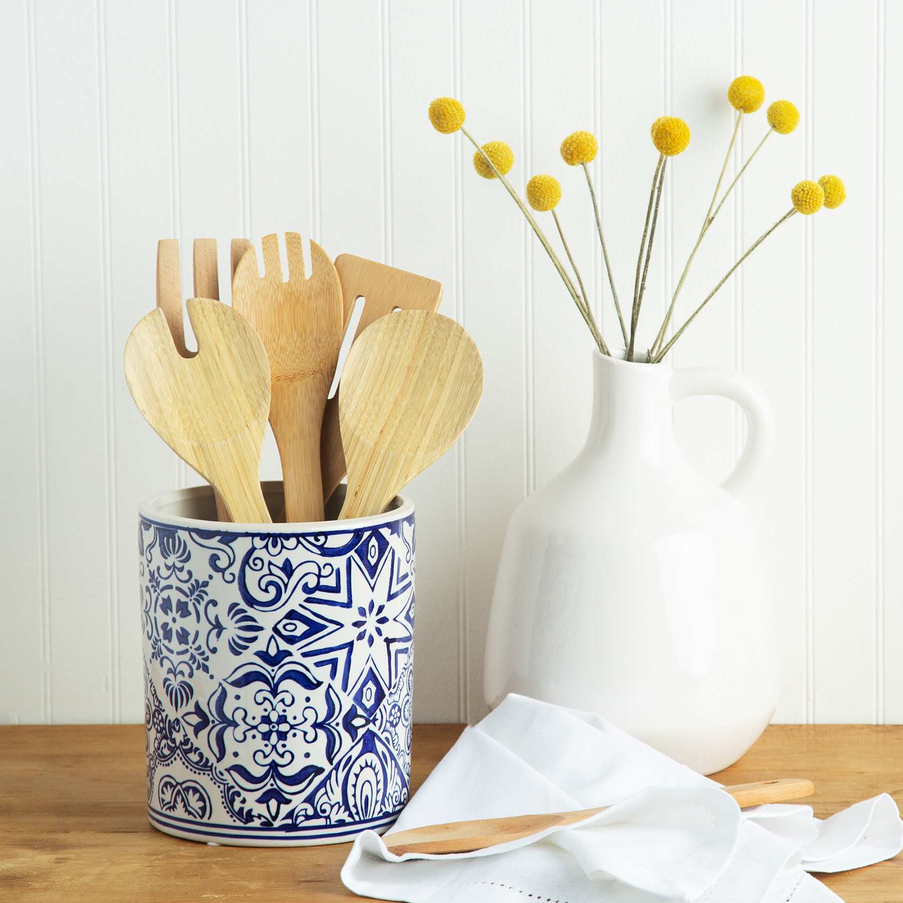 Blue & White Utensil Crock, 5.5"