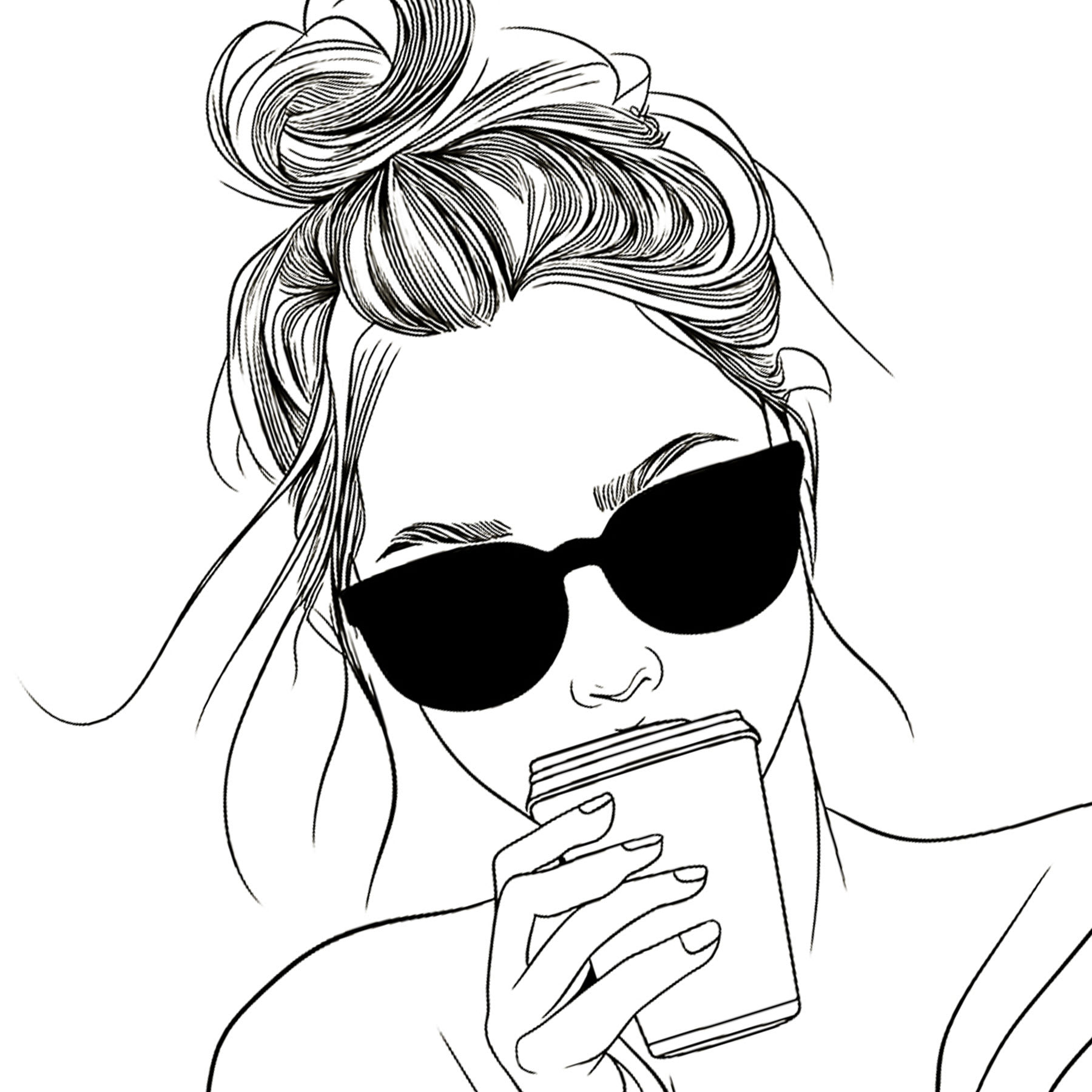 Girl Drinking Coffee Frames Line Drawing Wall Art, 17x13