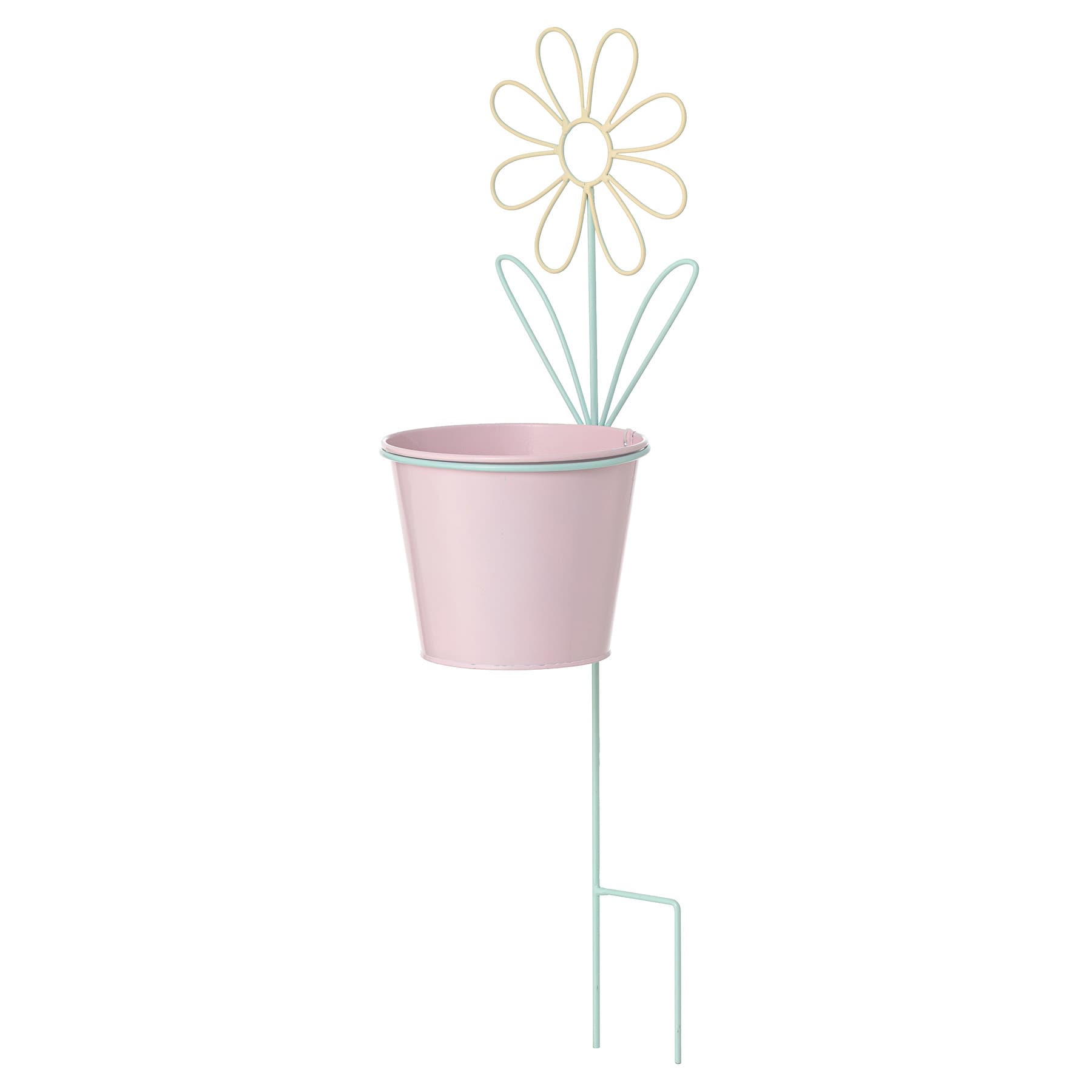 Yellow Flower Metal Yard stake with Pink Planter, 24"
