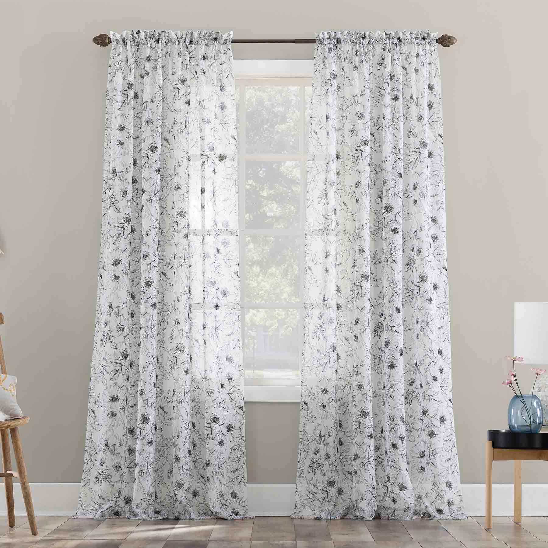 Grey & White Poppy Print Rod Pocket Sheer Curtain Panel, 84"