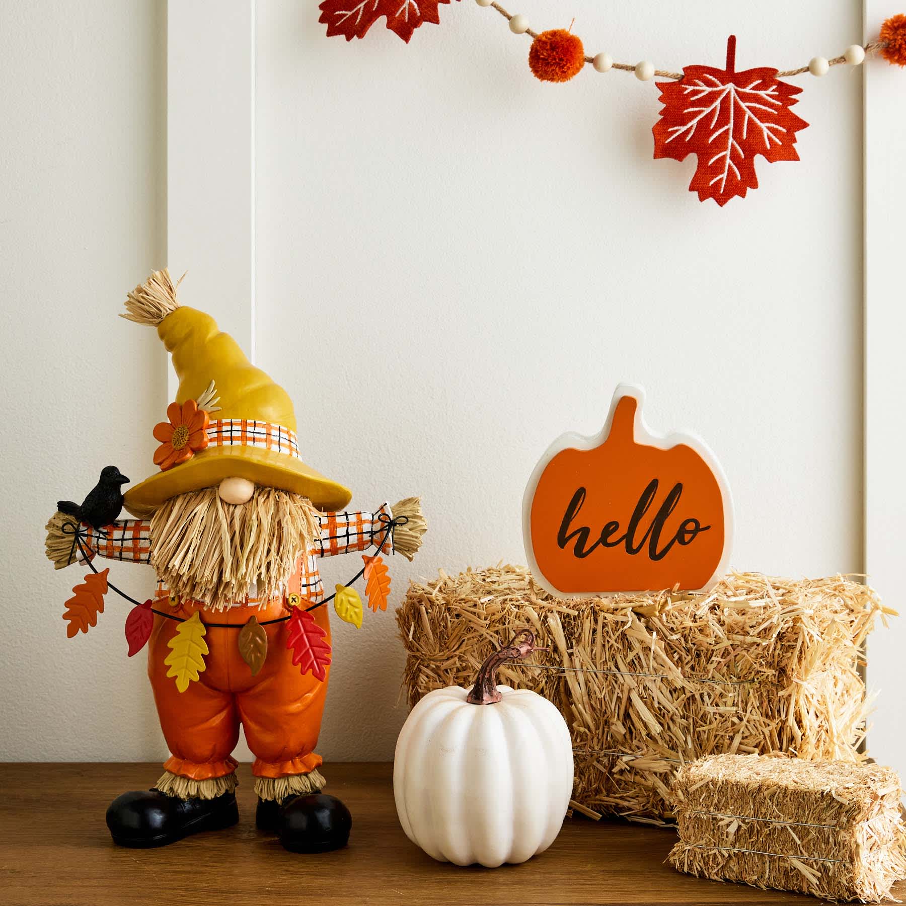 Homespun Harvest Scarecrow Gnome with Leaf Garland, 15"